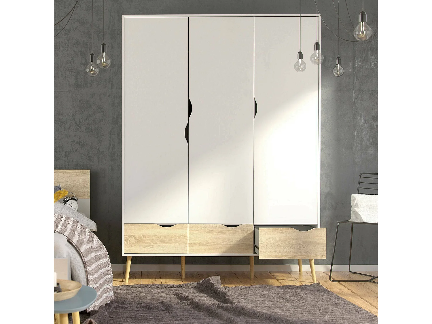 Kleiderschrank 3 Türen Dselv, Schlafzimmermöbel, Schrank, Garderobe, 147x58 h200 cm, WeiÃŸ und Eiche
