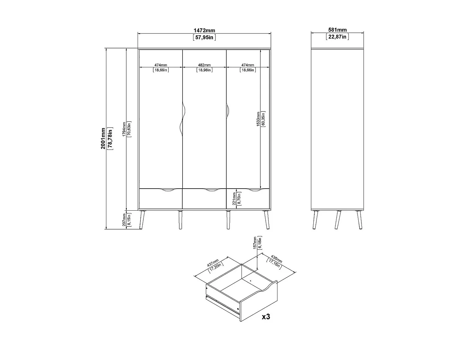 Kleiderschrank 3 Türen Dselv, Schlafzimmermöbel, Schrank, Garderobe, 147x58 h200 cm, WeiÃŸ und Eiche