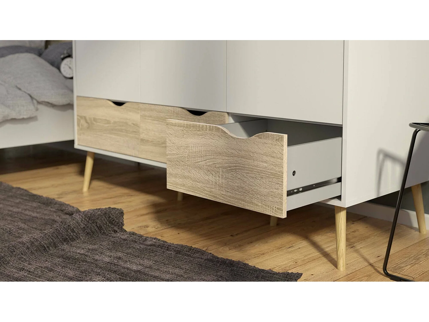 Armário Dselv de 3 portas, mobiliário de quarto, roupeiro, roupeiro, 147x58 h200 cm, branco e carvalho