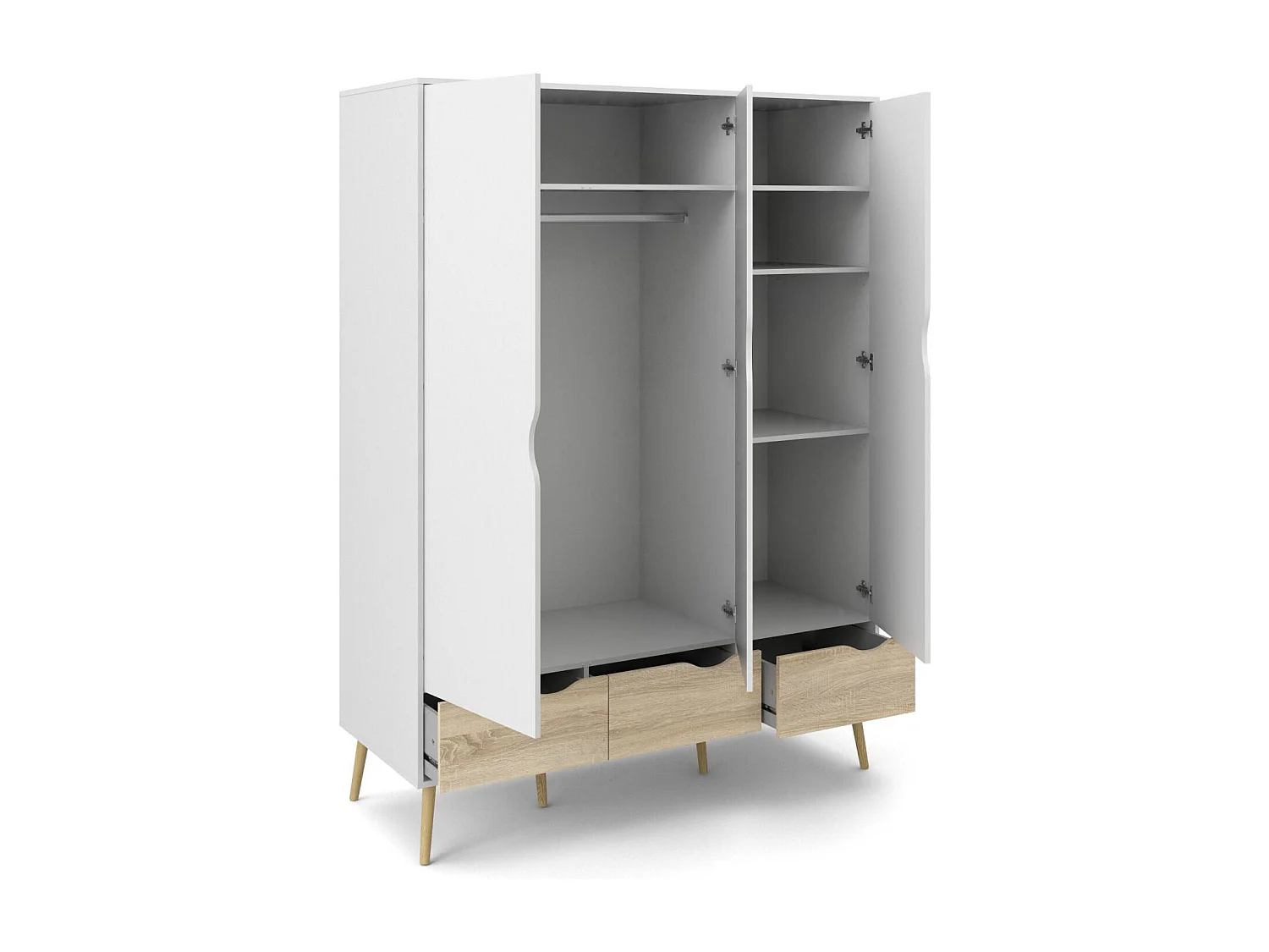 Armário Dselv de 3 portas, mobiliário de quarto, roupeiro, roupeiro, 147x58 h200 cm, branco e carvalho