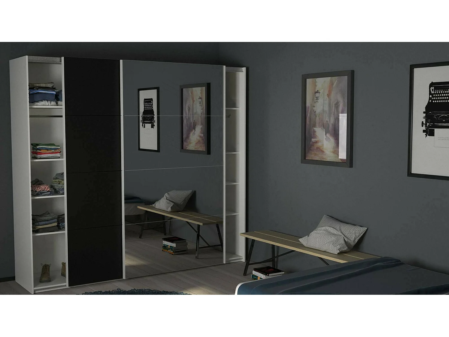 Garde-robe 2 portes Dstabil, Meubles de chambre, Penderie de plain-pied, Placard à vêtements, 243x61 h220 cm, Blanc et Noir