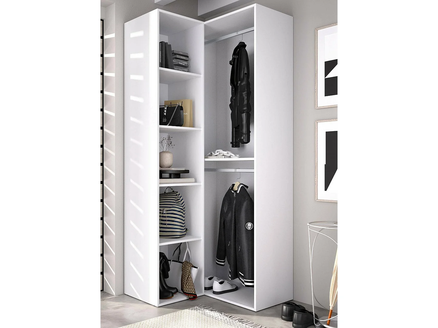 Grande Garde-robe Dhom, Meubles de chambre, Penderie de plain-pied, Placard à vêtements, 85x85 h205 cm, Blanc et Chêne clair