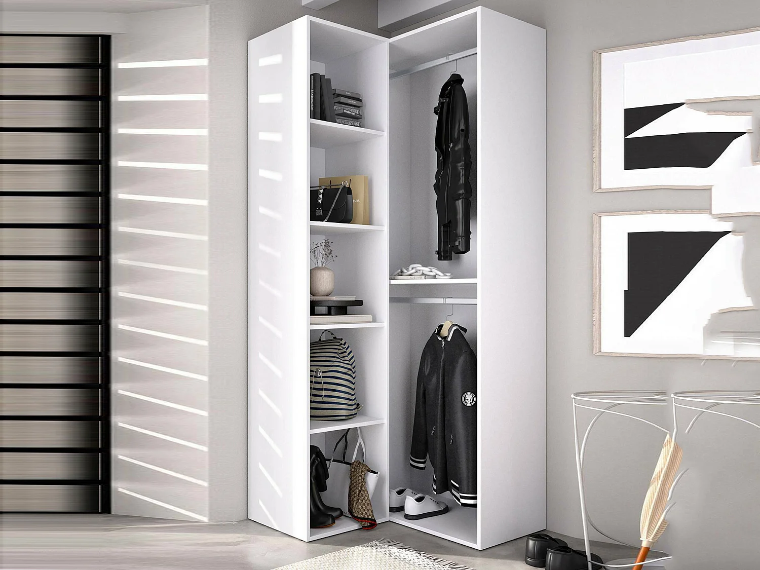 Grande Garde-robe Dhom, Meubles de chambre, Penderie de plain-pied, Placard à vêtements, 85x85 h205 cm, Blanc et Chêne clair