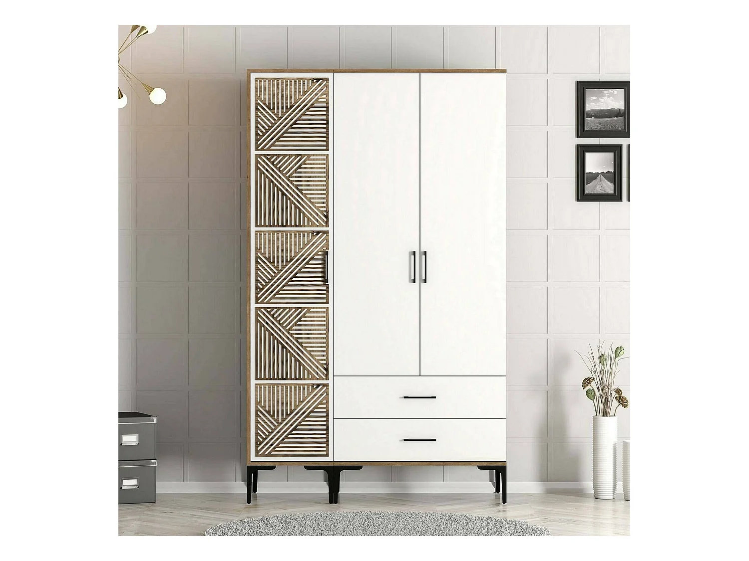 Kleiderschrank 3 Türen Dgalbiat, Schlafzimmermöbel, Schrank, Garderobe, 120x48h201 cm, Walnuss und Weiß