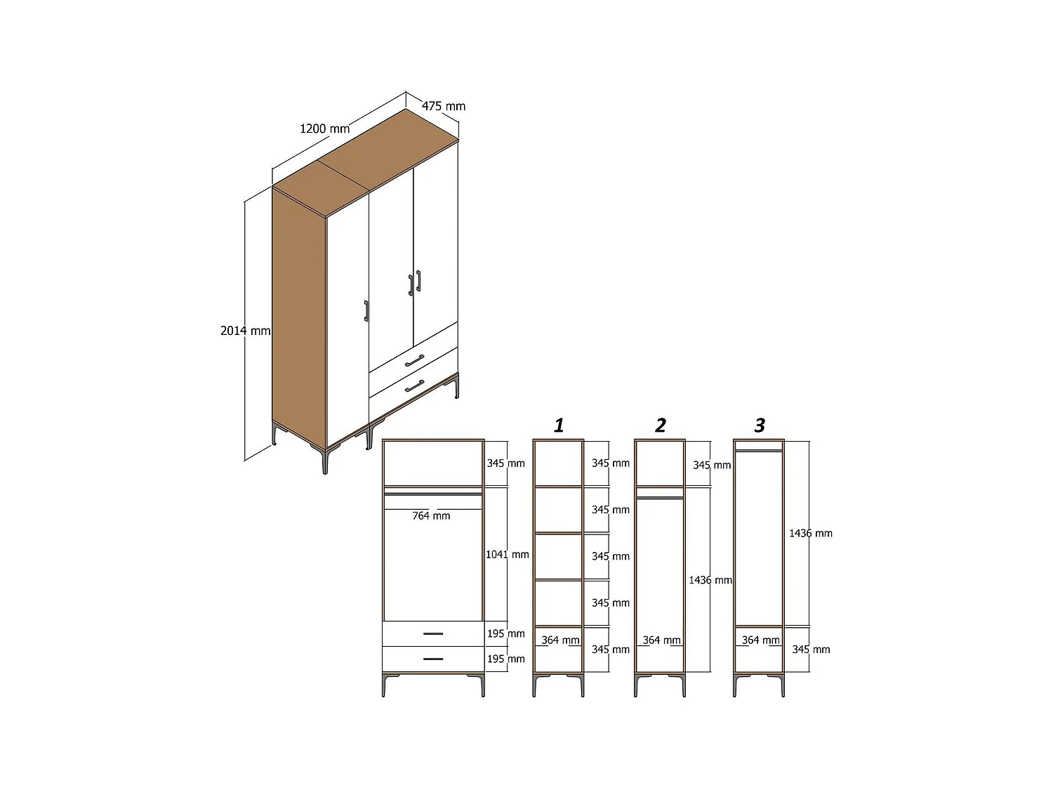 Kleiderschrank 3 Türen Dgalbiat, Schlafzimmermöbel, Schrank, Garderobe, 120x48h201 cm, Walnuss und Weiß