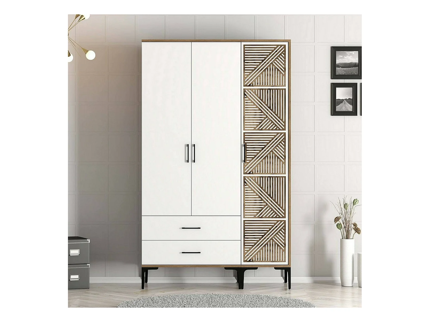 Kleiderschrank 3 Türen Dgalbiat, Schlafzimmermöbel, Schrank, Garderobe, 120x48h201 cm, Walnuss und Weiß