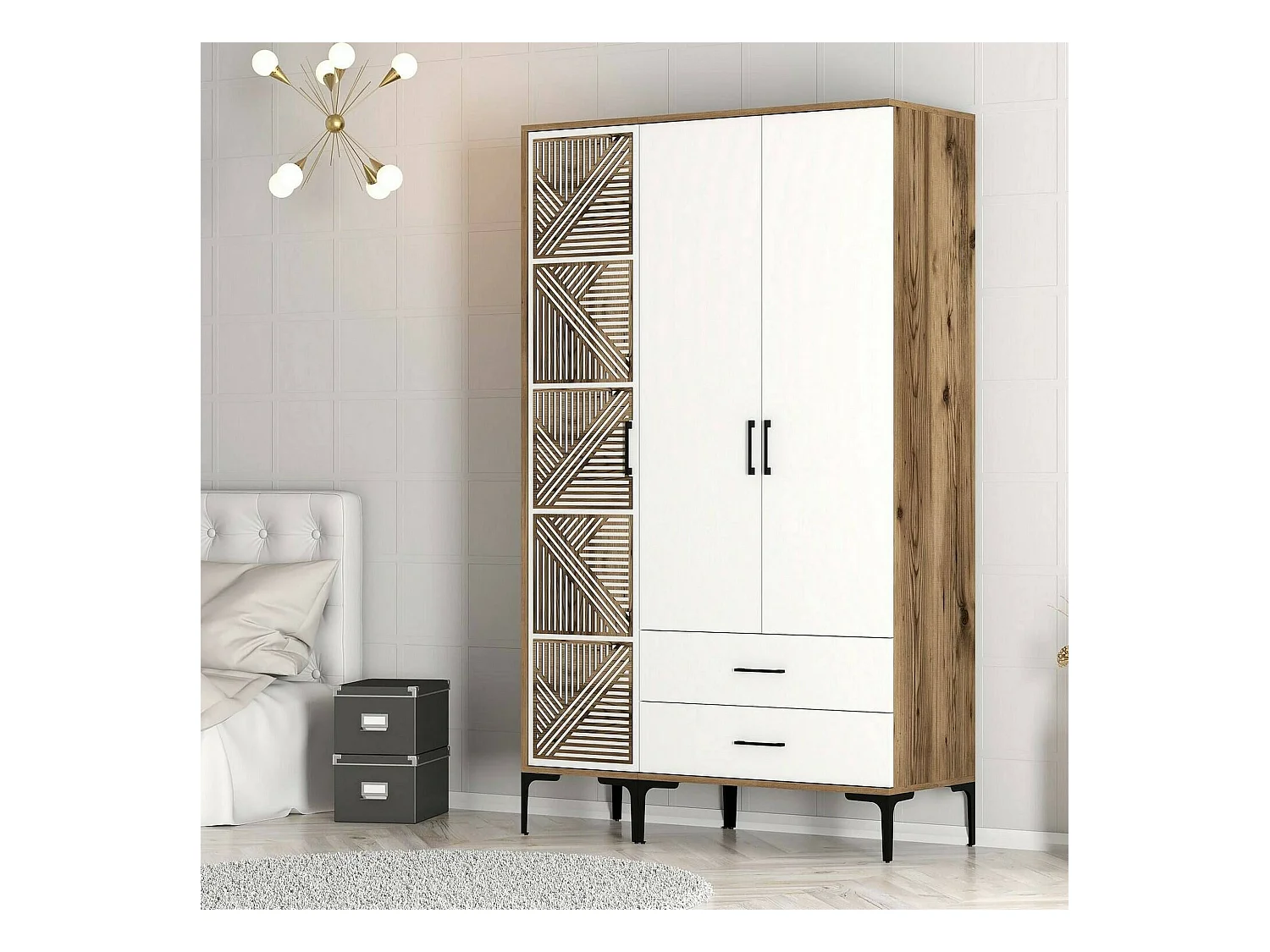 Kleiderschrank 3 Türen Dgalbiat, Schlafzimmermöbel, Schrank, Garderobe, 120x48h201 cm, Walnuss und Weiß