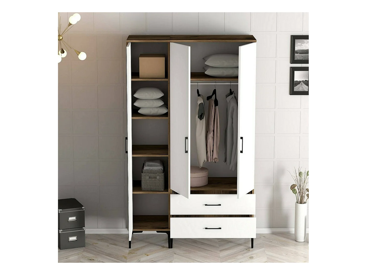 Kleiderschrank 3 Türen Dgalbiat, Schlafzimmermöbel, Schrank, Garderobe, 120x48h201 cm, Walnuss und Weiß