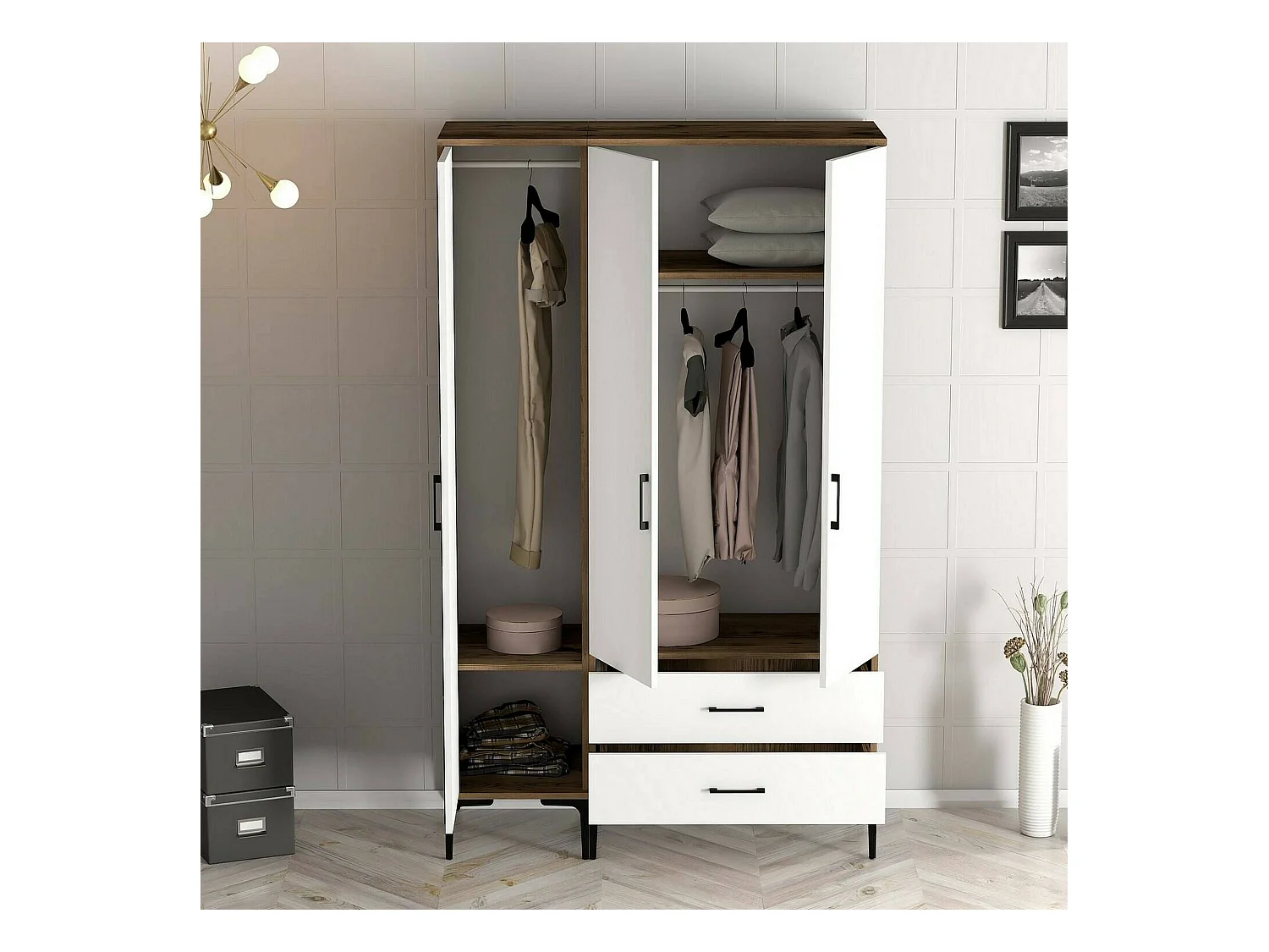 Kleiderschrank 3 Türen Dgalbiat, Schlafzimmermöbel, Schrank, Garderobe, 120x48h201 cm, Walnuss und Weiß