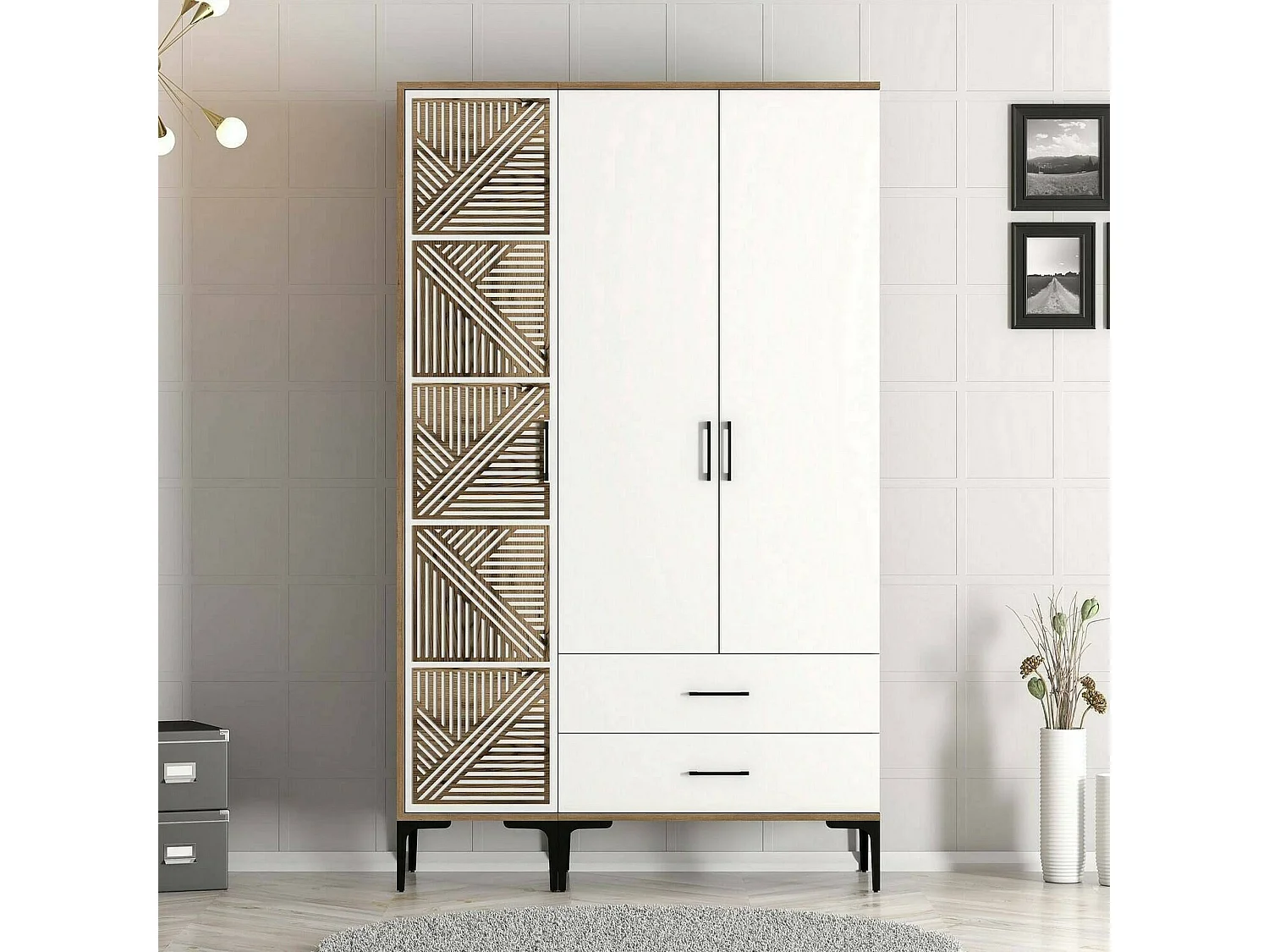 Garde-robe 3 portes Dgalbiat, Meubles de chambre, Penderie de plain-pied, Placard à vêtements, 120x48h201 cm, Noyer et Blanc