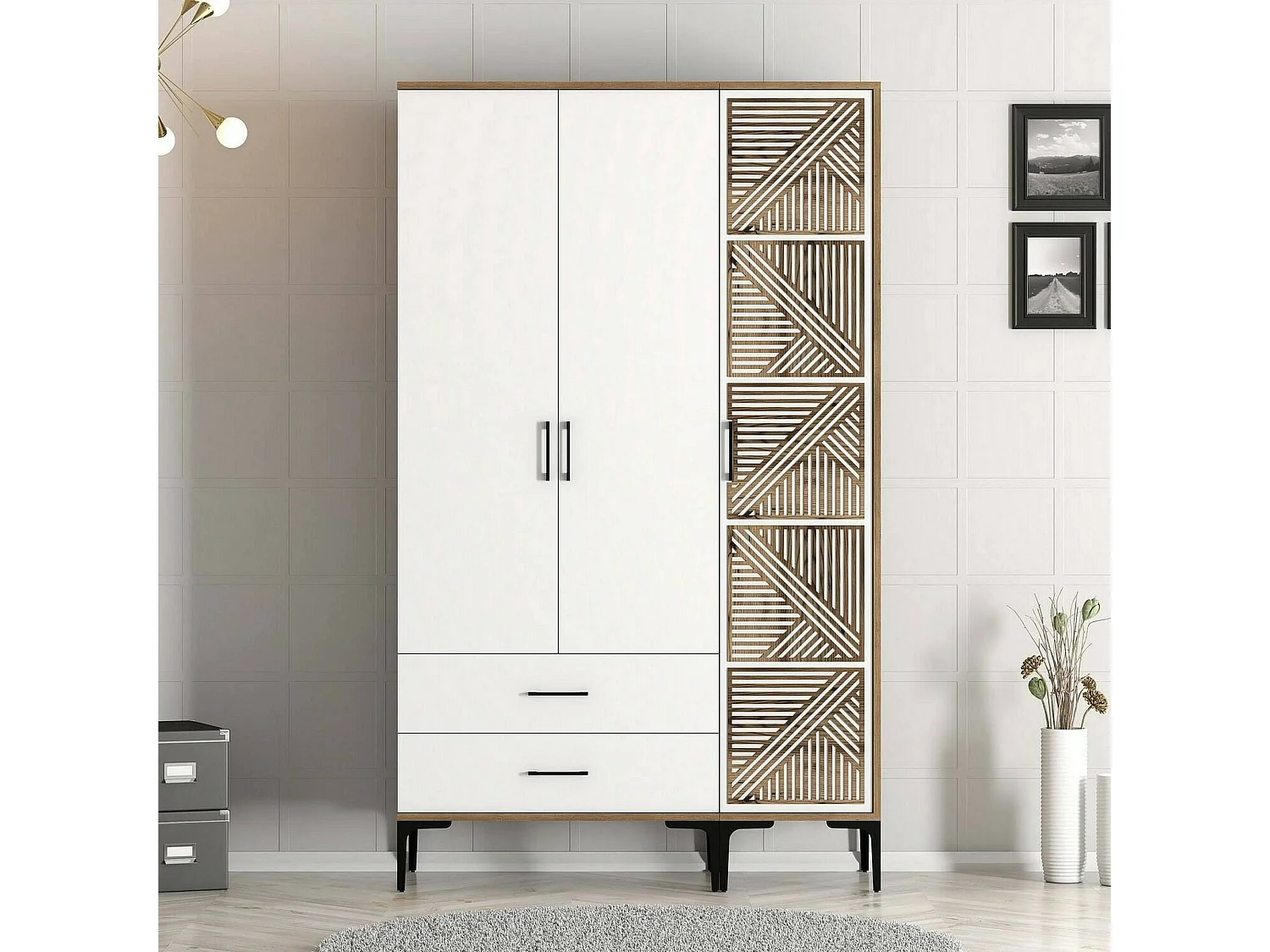 Kleiderschrank 3 Türen Dgalbiat, Schlafzimmermöbel, Schrank, Garderobe, 120x48h201 cm, Walnuss und WeiÃŸ