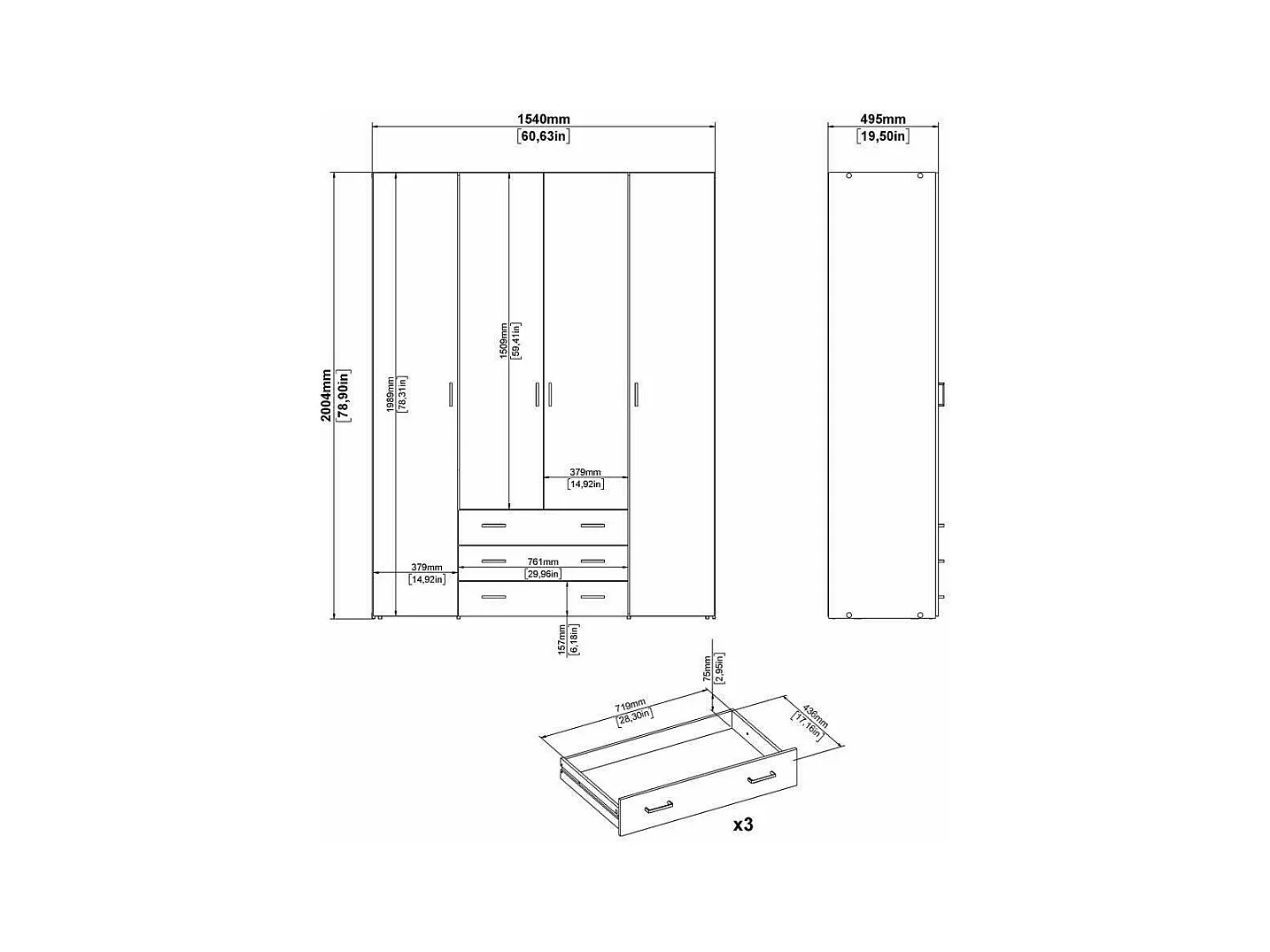 Großer Kleiderschrank Dseren, Schlafzimmermöbel, Schrank, Garderobe, 154x50 h200 cm, Eiche