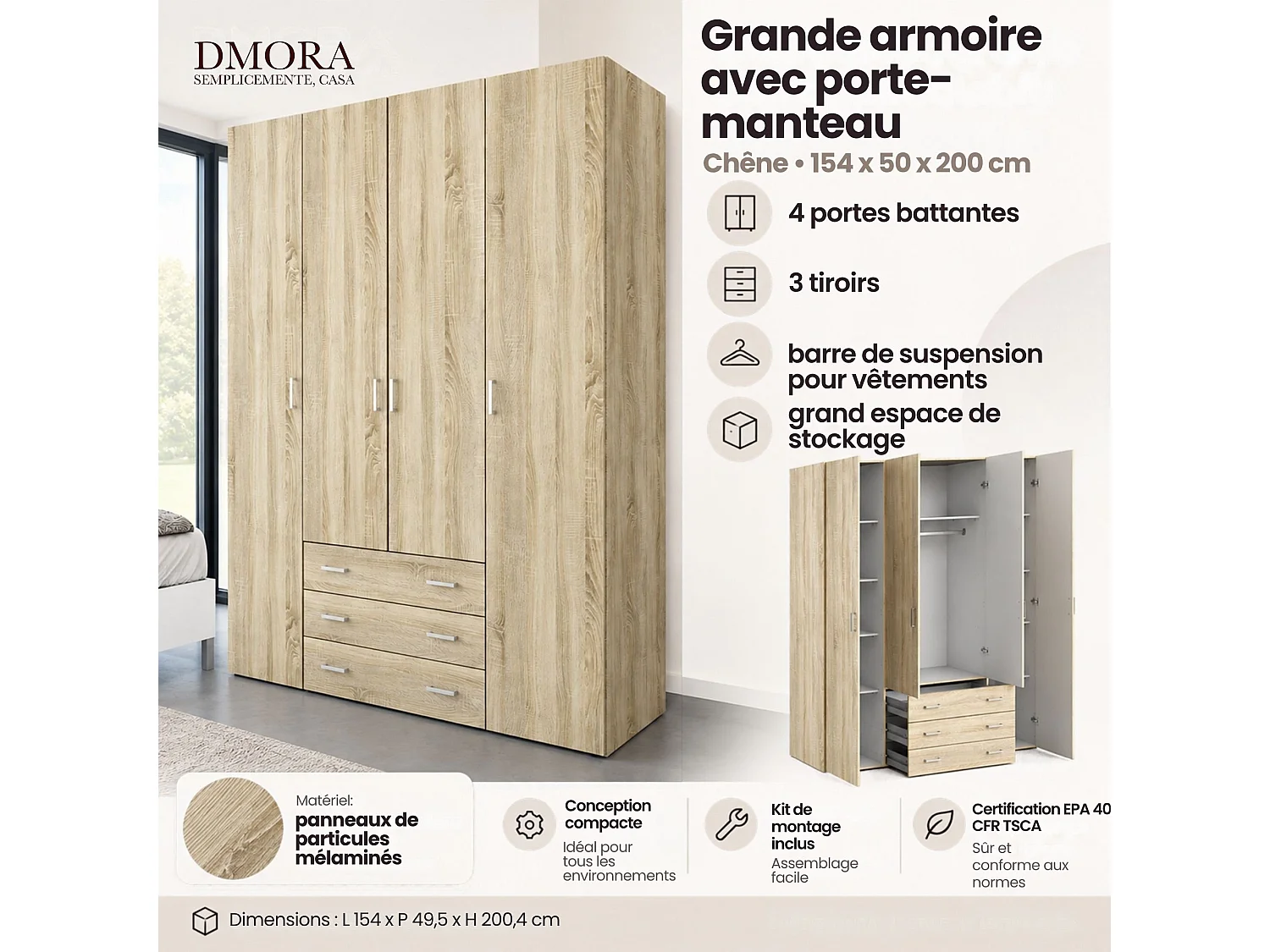 Grande Garde-robe Dseren, Meubles de chambre, Penderie de plain-pied, Placard à vêtements, 154x50 h200 cm, Chêne