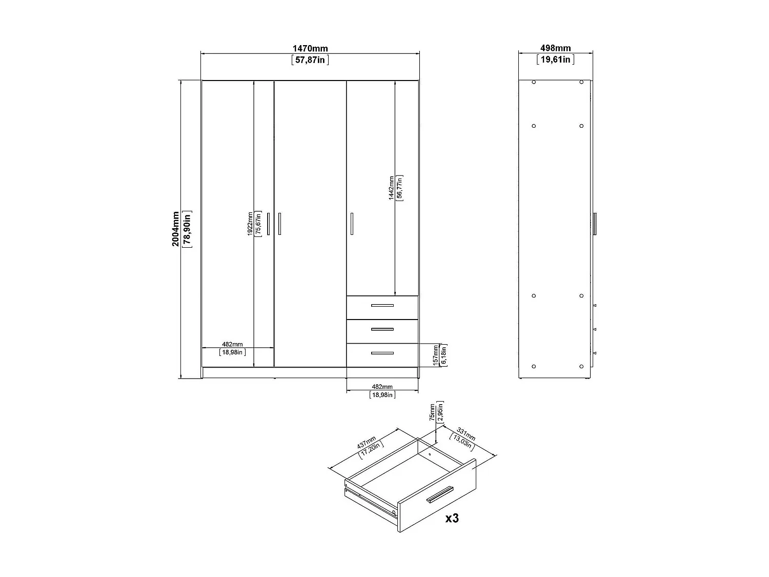Armario 3 puertas Dsenk, Muebles de dormitorio, Vestidor, Armario de ropa, 147x50 h200 cm, Gris