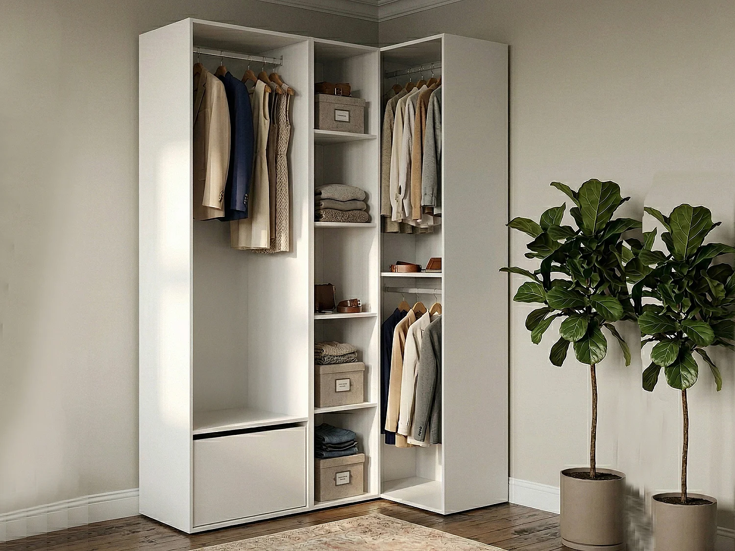 Grande Garde-robe Dbhati, Meubles de chambre, Penderie de plain-pied, Placard à vêtements, 145x85 h205 cm, Blanc et Chêne clair