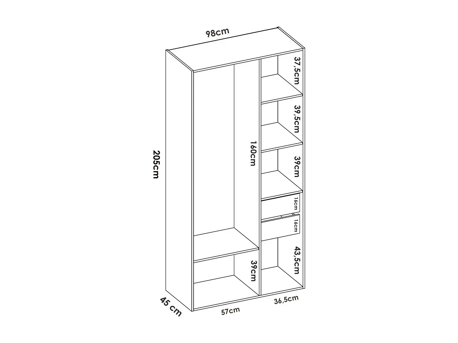 GroÃŸer Kleiderschrank Dscot, Schlafzimmermöbel, Schrank, Garderobe, 98x45 h205 cm, WeiÃŸ und Eiche