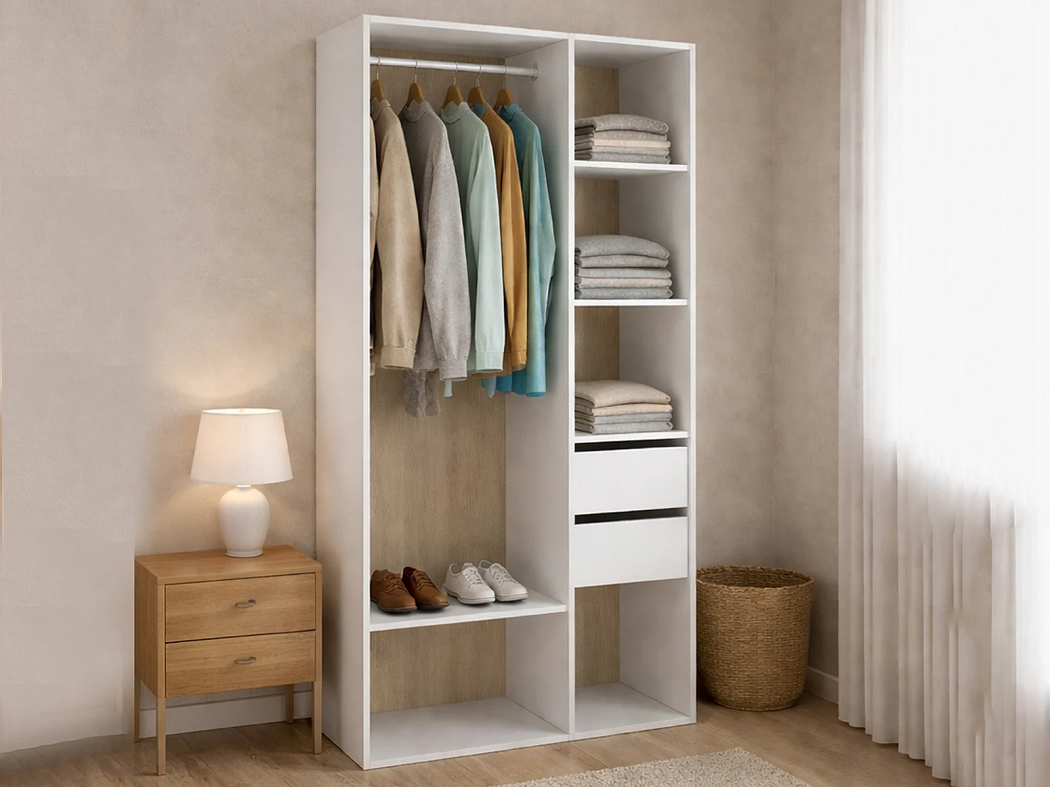 Grande Garde-robe Dscot, Meubles de chambre, Penderie de plain-pied, Placard à vêtements, 98x45 h205 cm, Blanc et Chêne clair