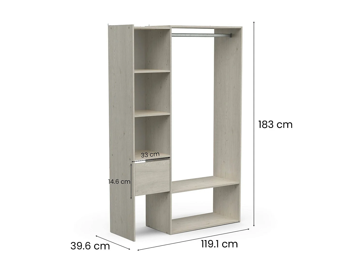 Grande Garde-robe Dcatle, Meubles de chambre, Penderie de plain-pied, Placard à vêtements, 119x40 h183 cm, Chêne clair