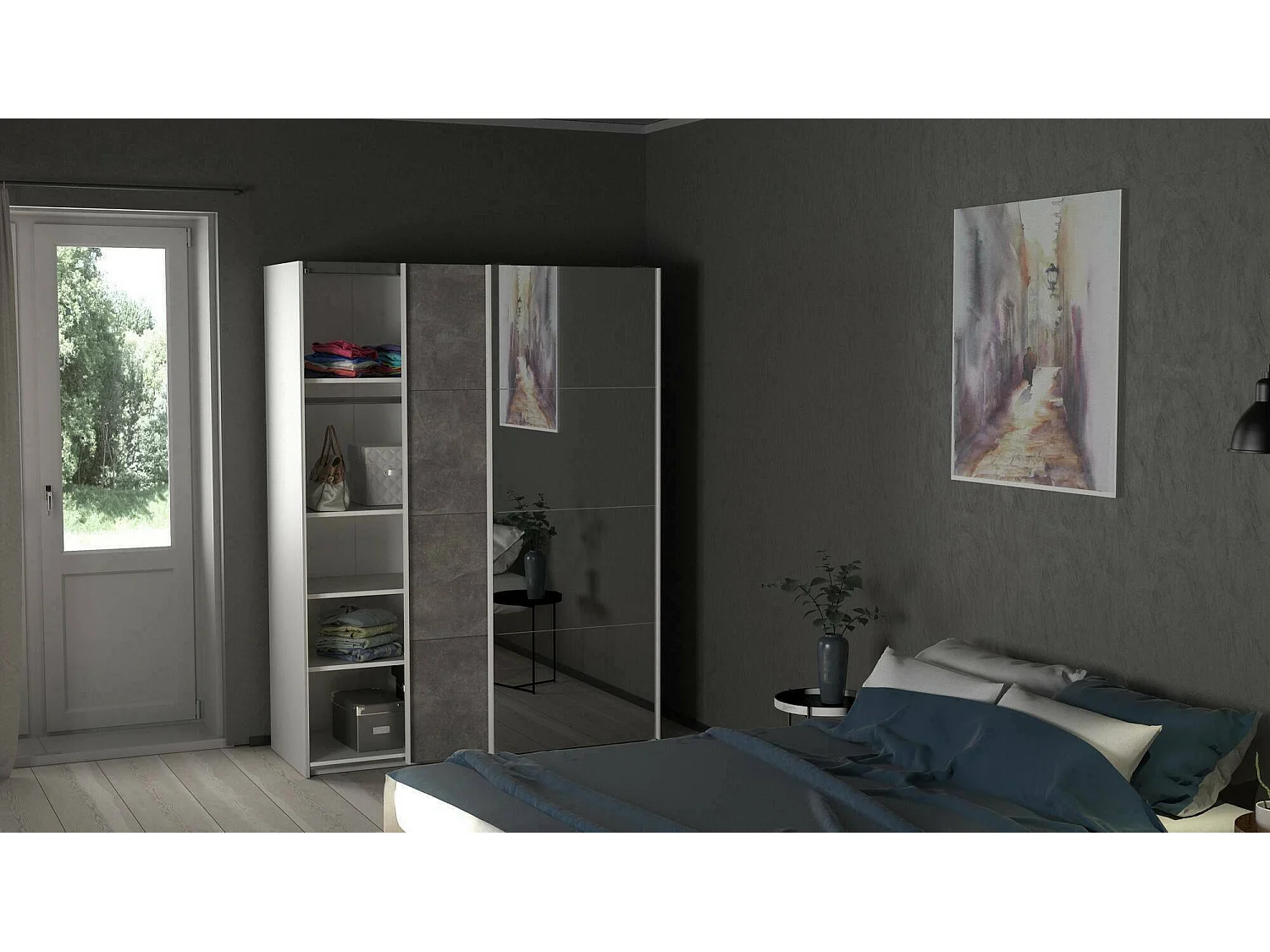 Dmora - Guardaroba 2 ante Seraphine, 150x61 h200 cm, Bianco e Grigio