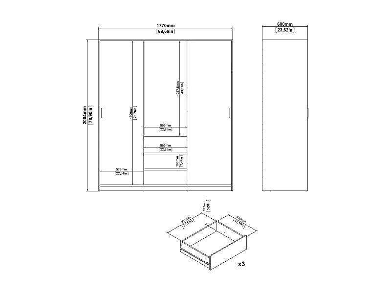 Garde-robe 3 portes Dveretou, Meubles de chambre, Penderie de plain-pied, Placard à vêtements, 177x60 h200 cm, Blanc