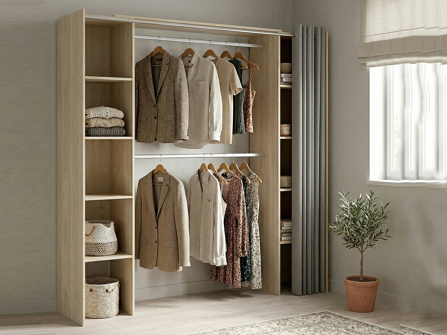 Grande Garde-robe Dyoun, Meubles de chambre, Penderie de plain-pied, Placard à vêtements, 180x50 h205 cm, Chêne clair