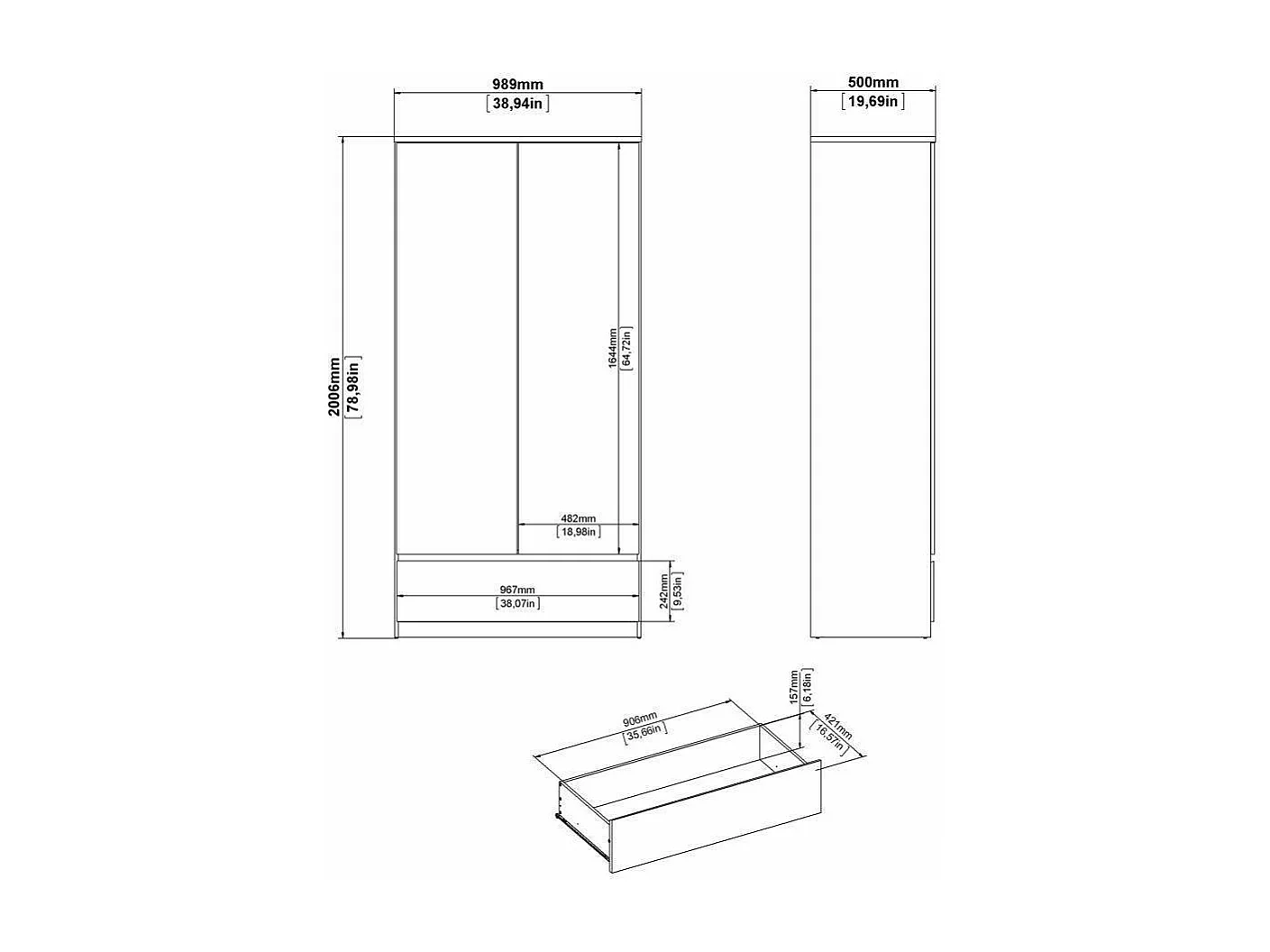 Garde-robe 2 portes Dsecch, Meubles de chambre, Penderie de plain-pied, Placard à vêtements, 99x50 h201 cm, Blanc