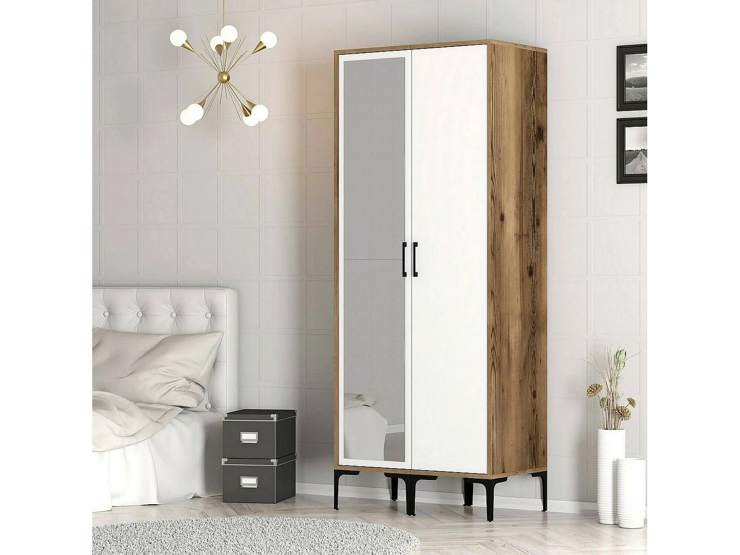 Garde-robe 2 portes Dbergonz, Meubles de chambre, Penderie de plain-pied, Placard à vêtements, 80x201h48 cm, Noyer et Blanc