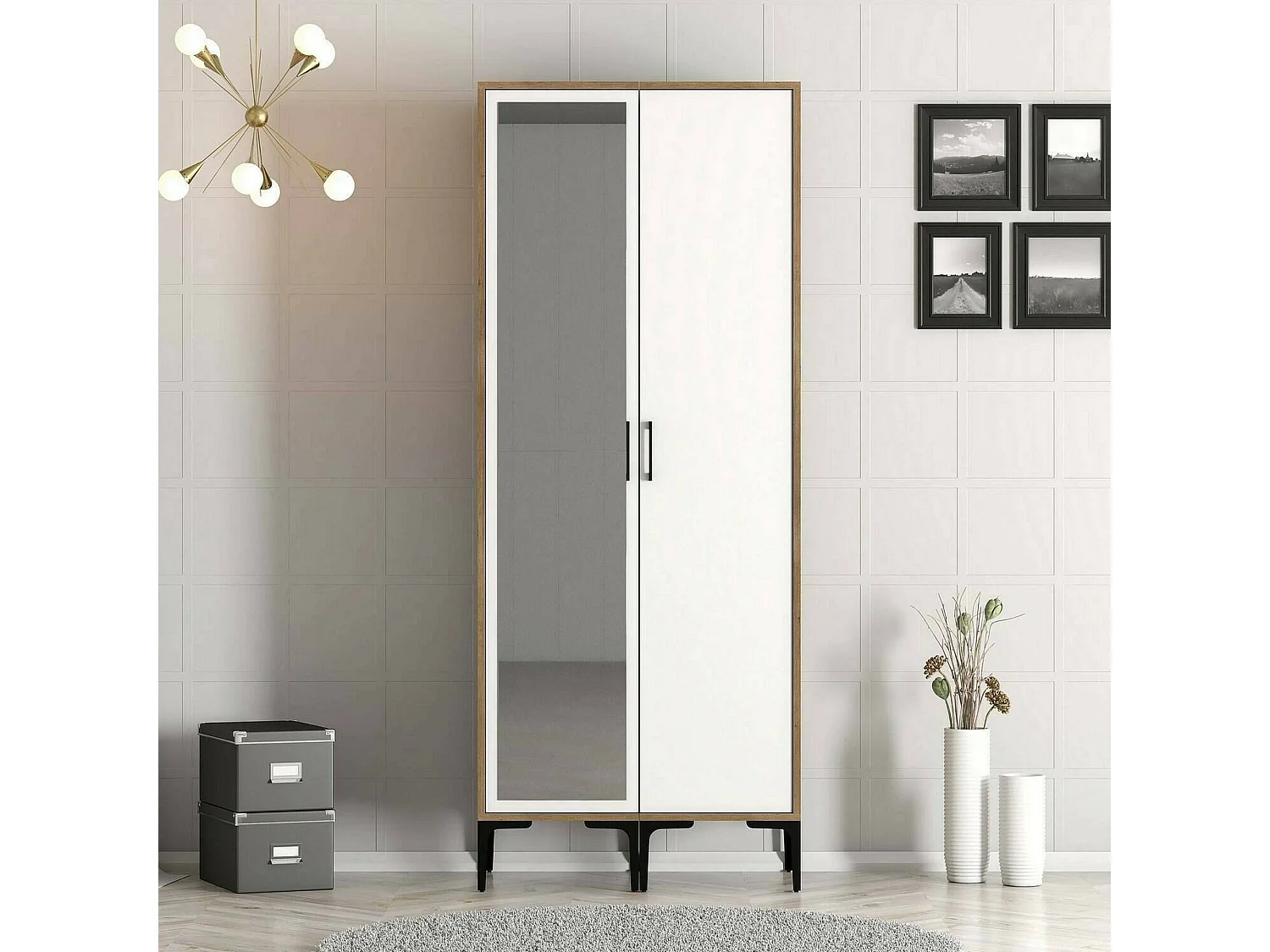 Garde-robe 2 portes Dbergonz, Meubles de chambre, Penderie de plain-pied, Placard à vêtements, 80x201h48 cm, Noyer et Blanc