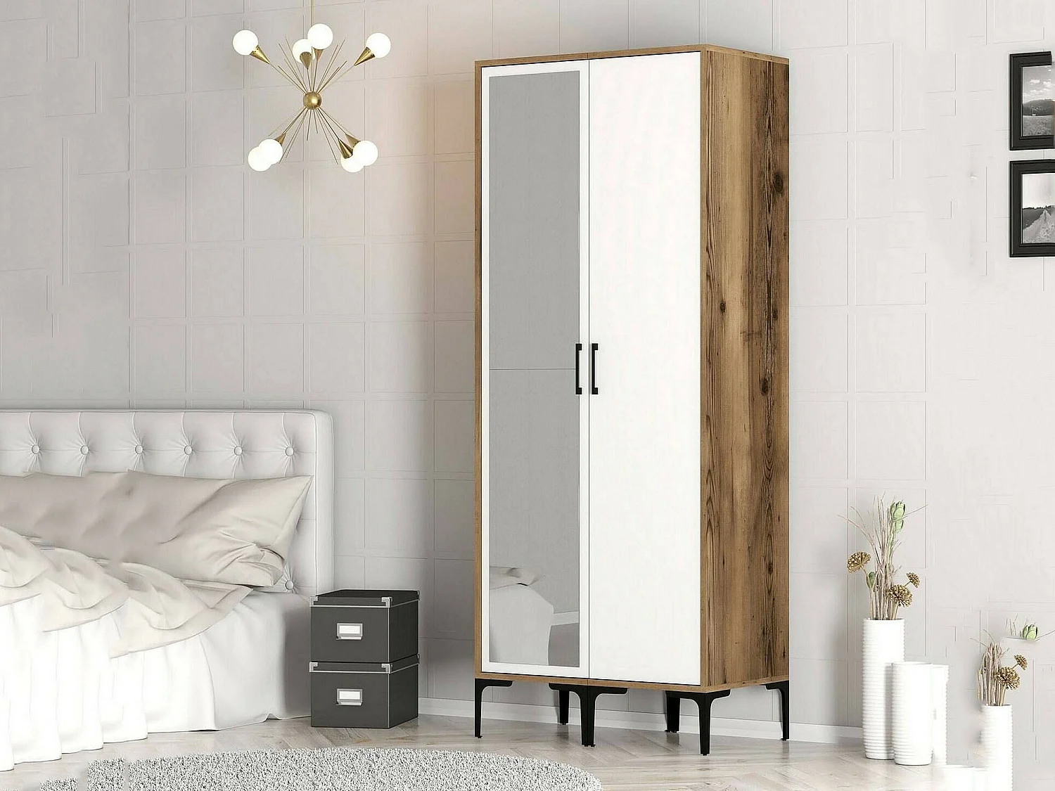 Garde-robe 2 portes Dbergonz, Meubles de chambre, Penderie de plain-pied, Placard à vêtements, 80x201h48 cm, Noyer et Blanc