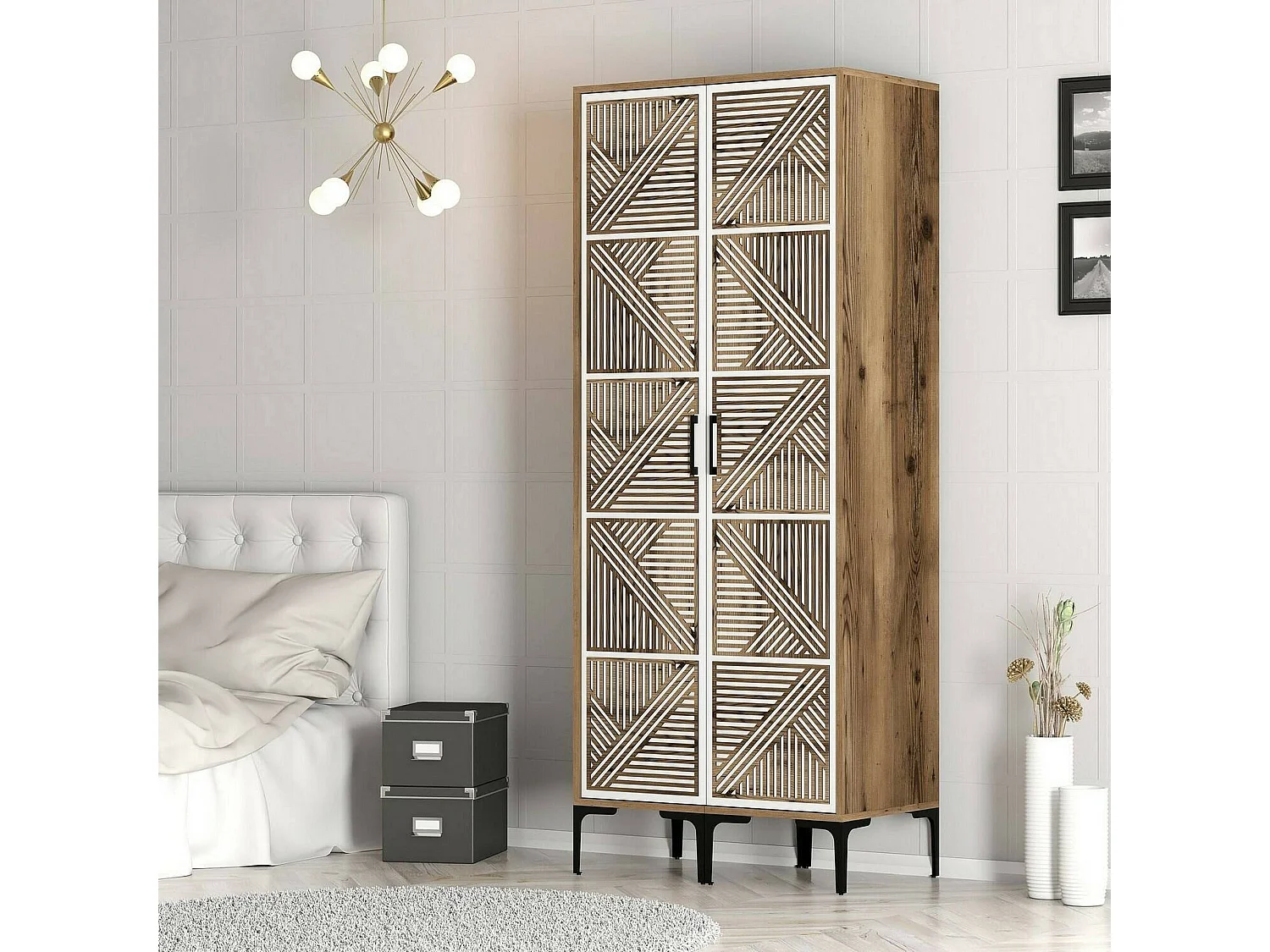 Garde-robe 2 portes Dbonanse, Meubles de chambre, Penderie de plain-pied, Placard à vêtements, 80x201h48 cm, Noyer et Blanc