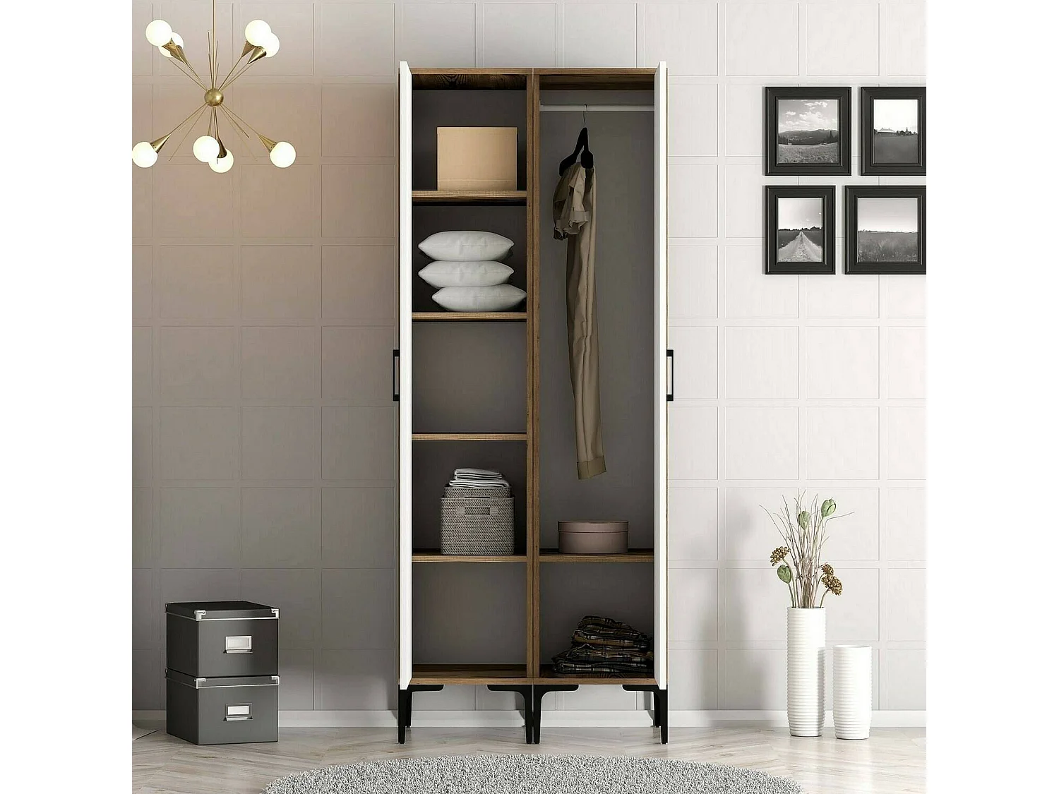 Garde-robe 2 portes Dbonanse, Meubles de chambre, Penderie de plain-pied, Placard à vêtements, 80x201h48 cm, Noyer et Blanc