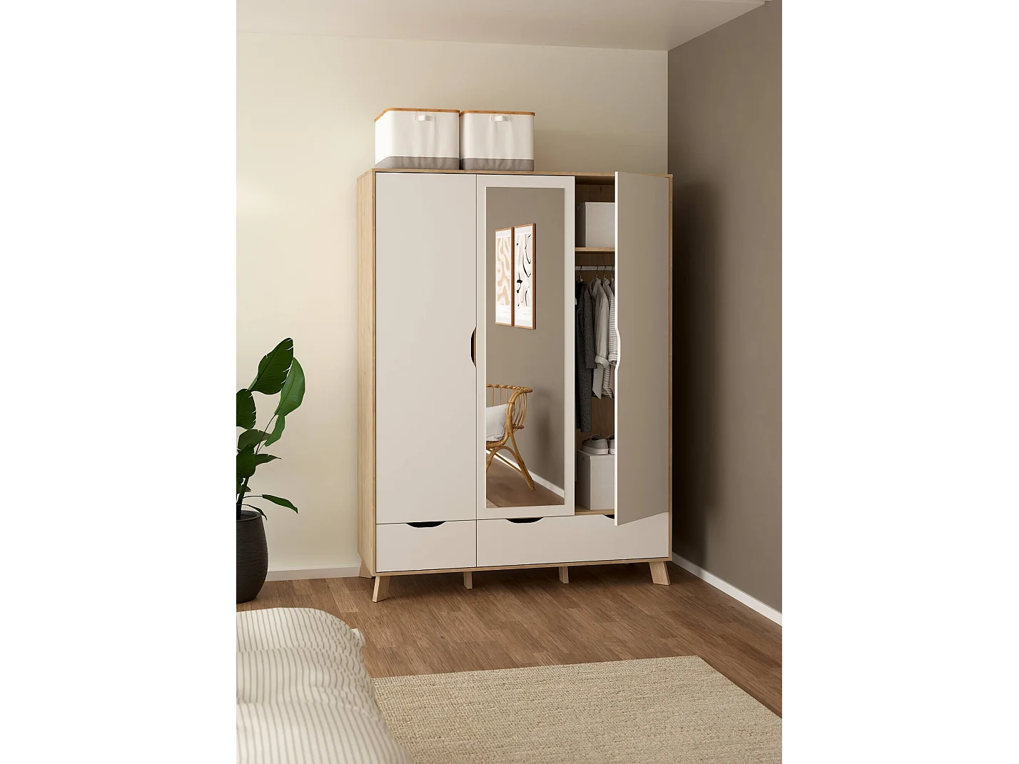 Guardaroba 2 Ante Pyarr, 4 Ripiani, 58.1x201h cm Bianco, Armadio Camera da Letto