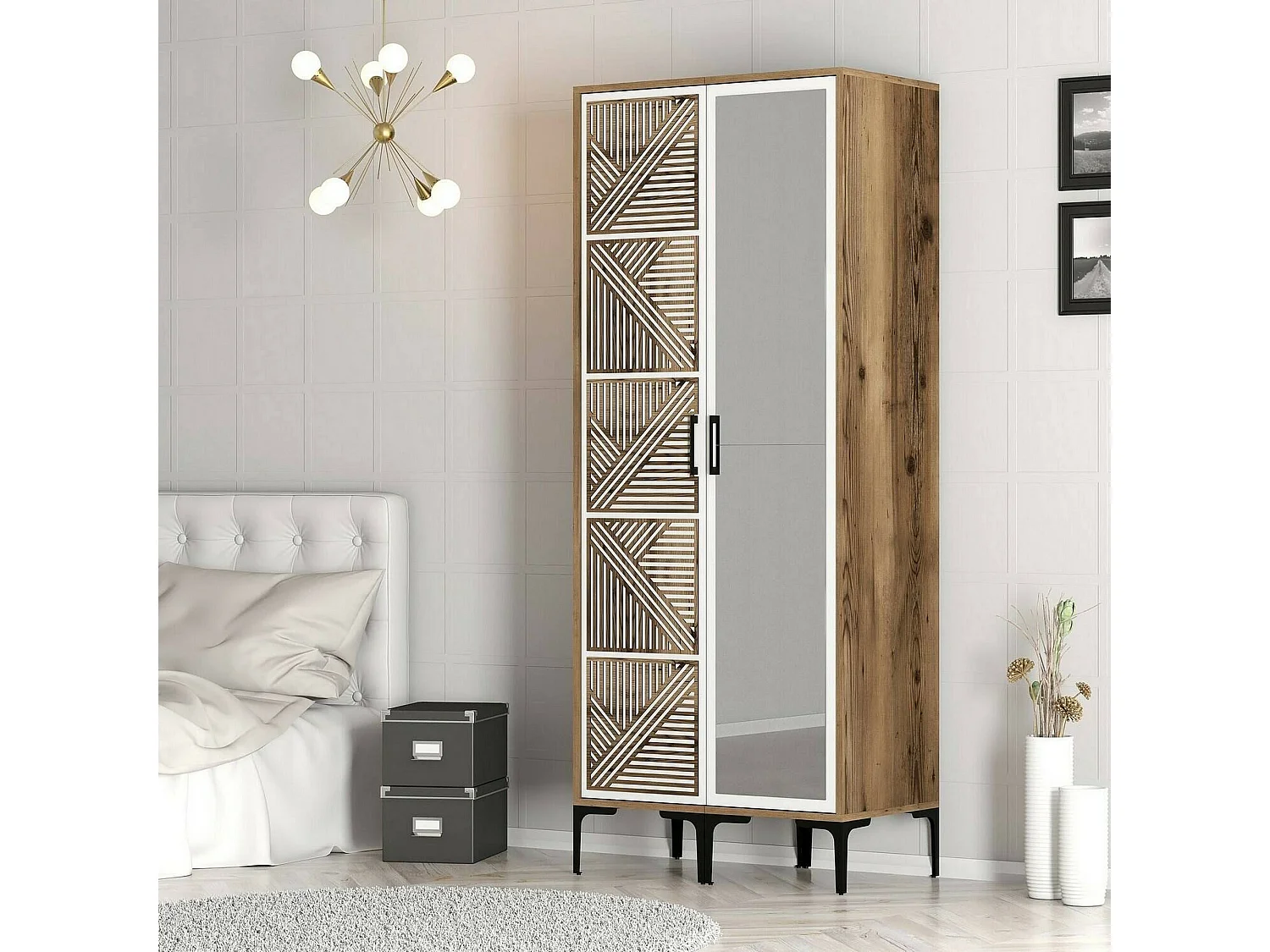 Garde-robe 2 portes Dpagliuc, Meubles de chambre, Penderie de plain-pied, Placard à vêtements, 80x201h48 cm, Noyer et Blanc