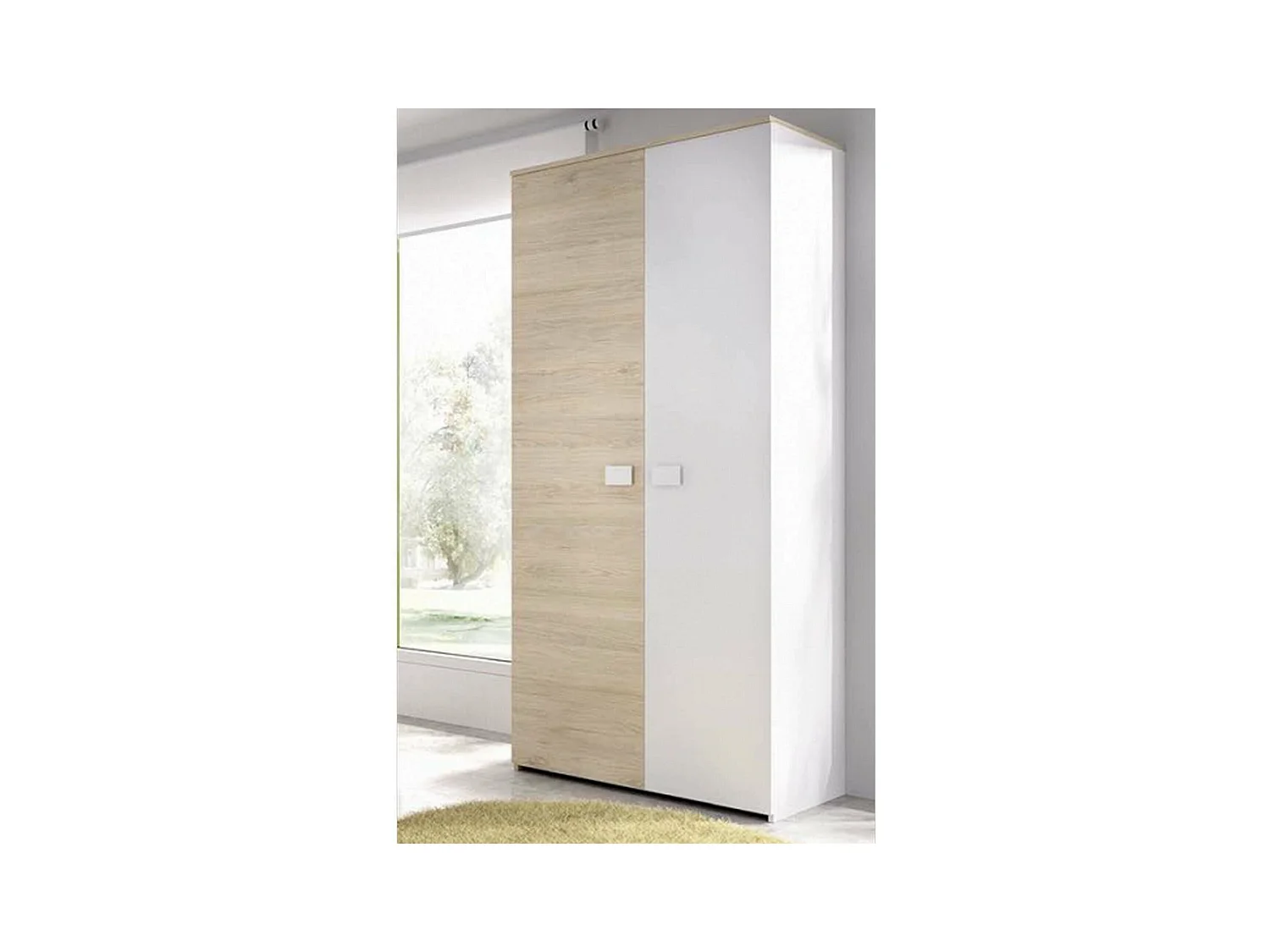 Garde-robe 2 portes Dcantla, Meubles de chambre, Penderie de plain-pied, Placard à vêtements, 90x53 h202 cm, Blanc et Chêne clair