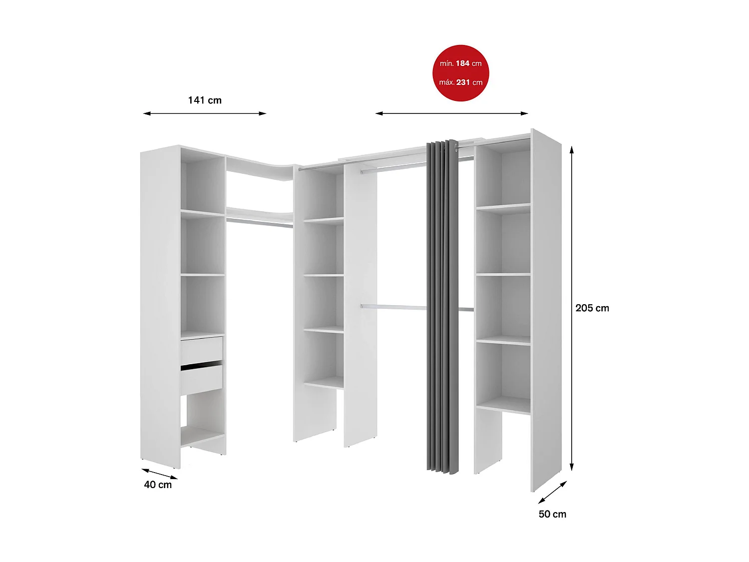 Gran Armario Dmacintyr, Muebles de dormitorio, Vestidor, Armario de ropa, 234x141 h205 cm, Blanco