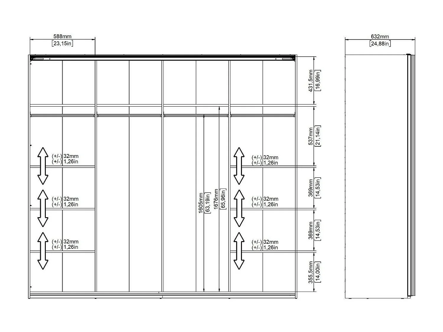 Dmora - Guardaroba 2 ante Catalina, 243x61 h220 cm, Bianco lucido