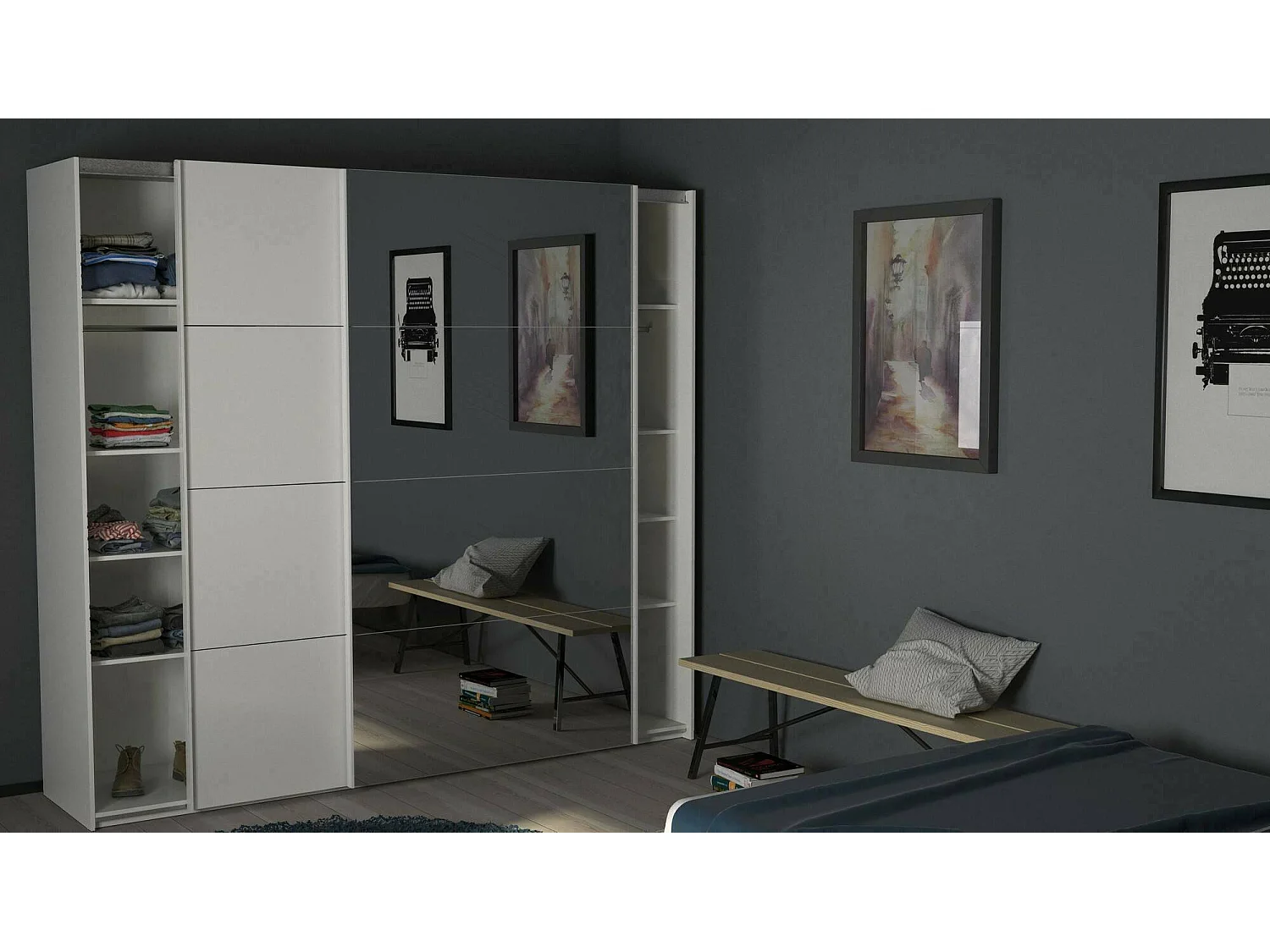 Armario 2 puertas Dstabil, Muebles de dormitorio, Vestidor, Armario de ropa, 243x61 h220 cm, Blanco