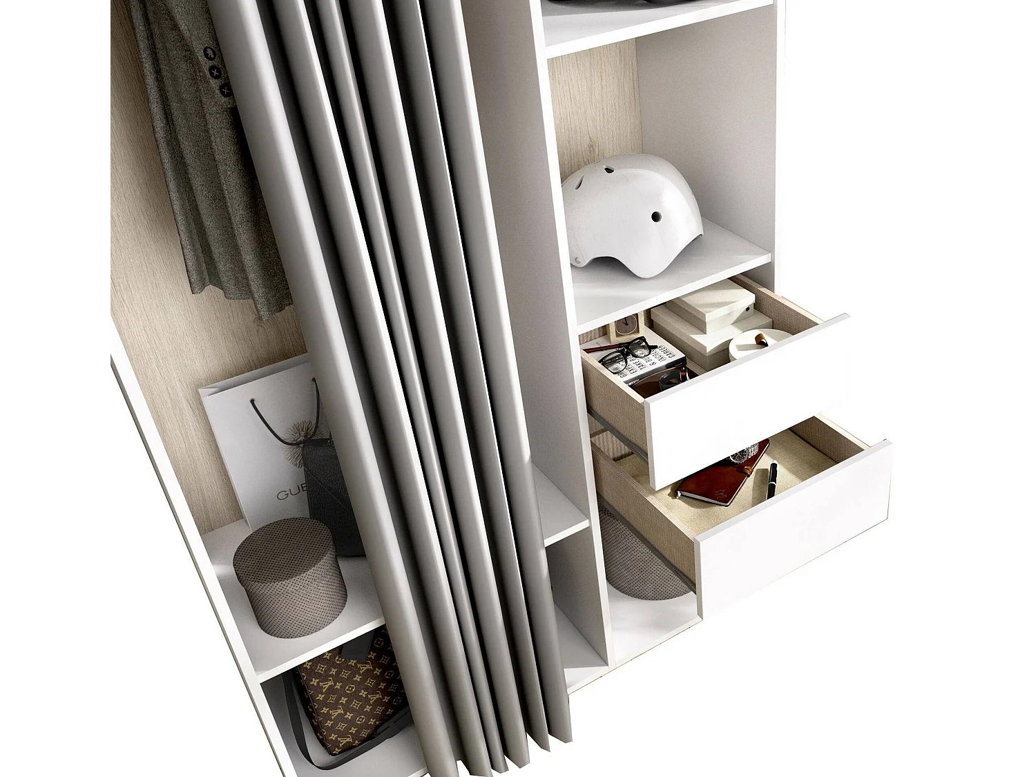 Dscot armário grande, mobiliário de quarto, roupeiro, roupeiro, 98x53 h205 cm, branco e carvalho