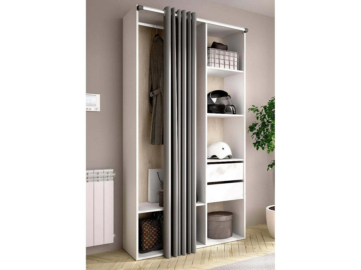 GroÃŸer Kleiderschrank Dscot, Schlafzimmermöbel, Schrank, Garderobe, 98x53 h205 cm, WeiÃŸ und Eiche
