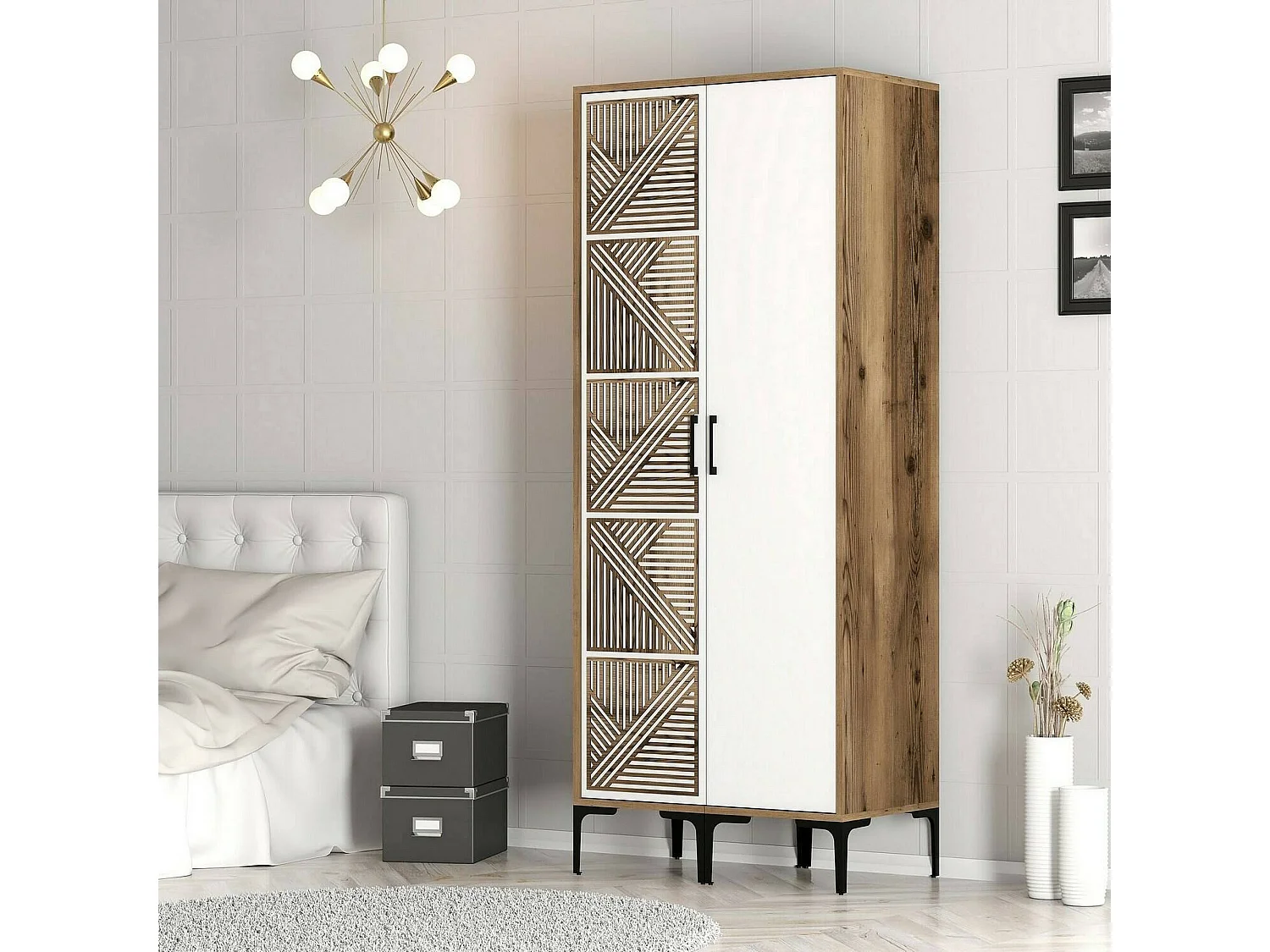 Garde-robe 2 portes Dbenkovi, Meubles de chambre, Penderie de plain-pied, Placard à vêtements, 80x201h48 cm, Noyer et Blanc