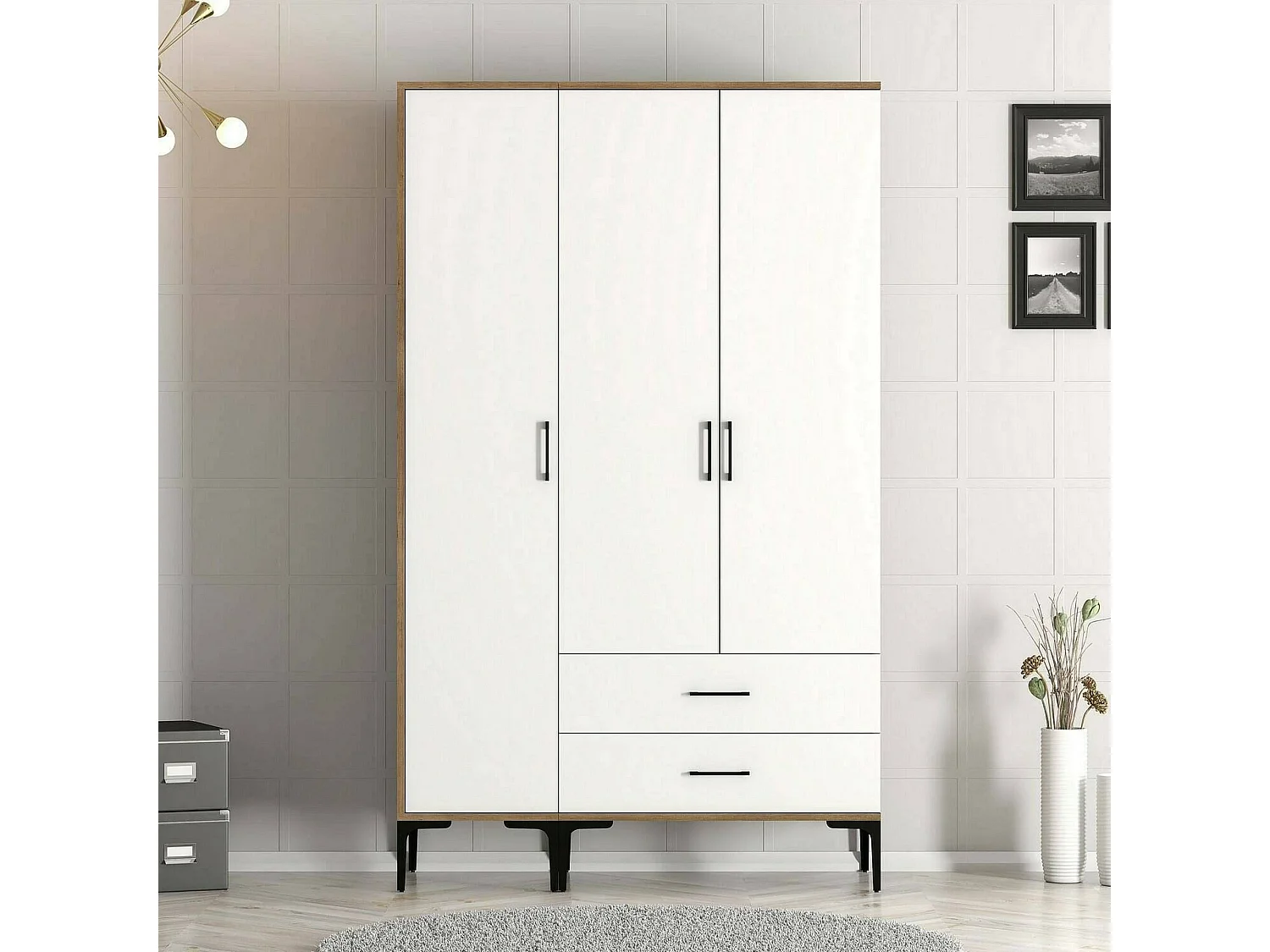 Garde-robe 3 portes Dangiull, Meubles de chambre, Penderie de plain-pied, Placard à vêtements, 120x201h48 cm, Noyer et Blanc