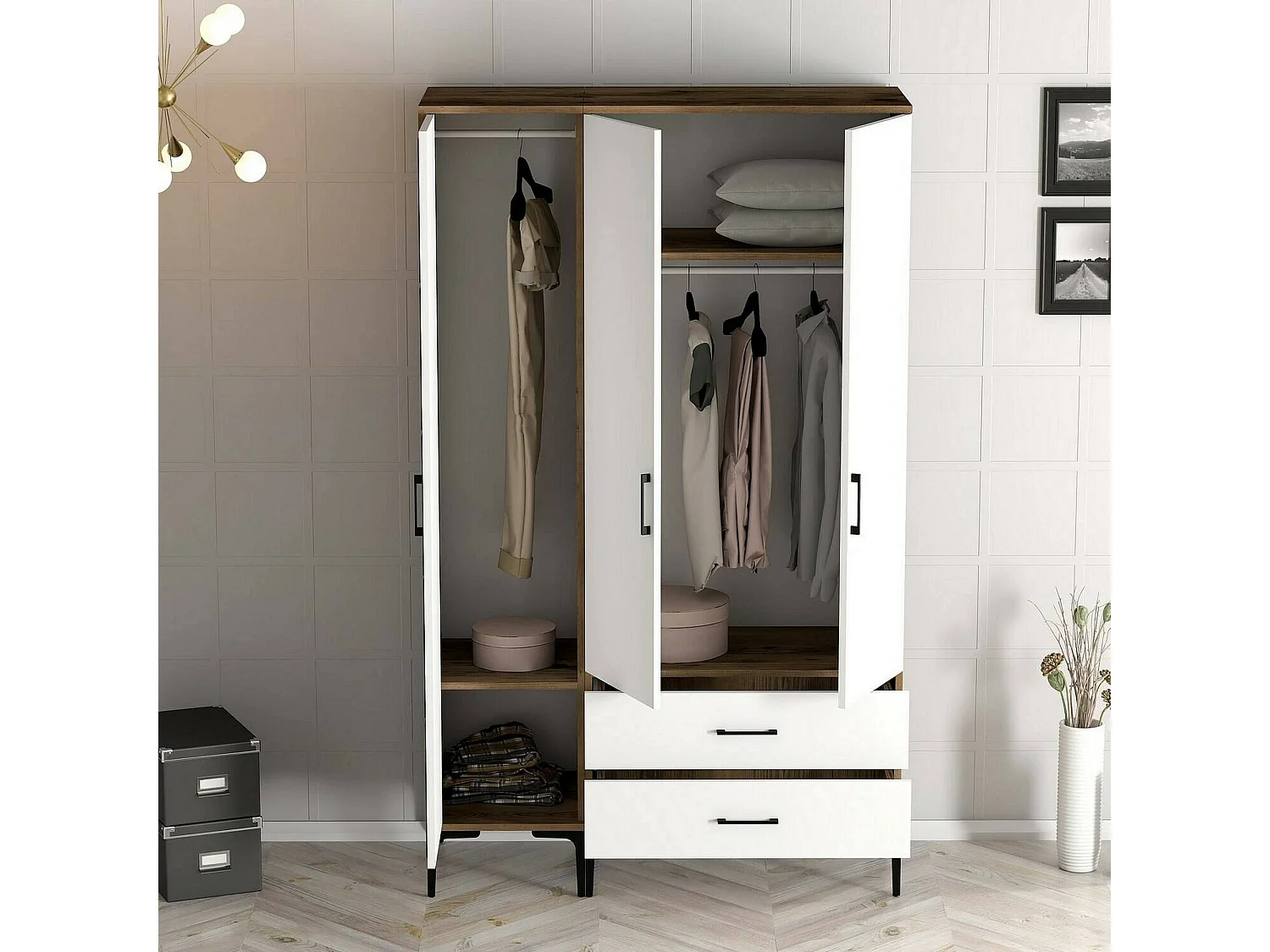 Armário Dangiull de 3 portas, mobiliário de quarto, roupeiro, roupeiro, 120x201h48 cm, nogueira e branco