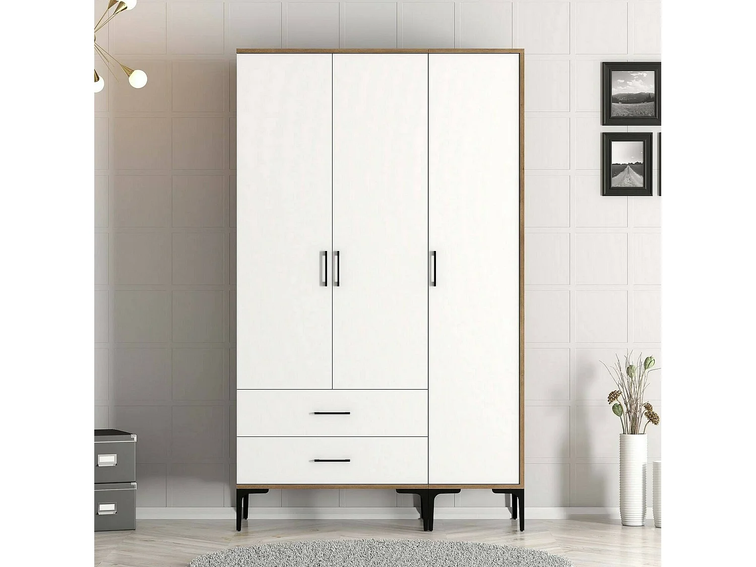 Kleiderschrank 3 Türen Dangiull, Schlafzimmermöbel, Schrank, Garderobe, 120x201h48 cm, Walnuss und WeiÃŸ