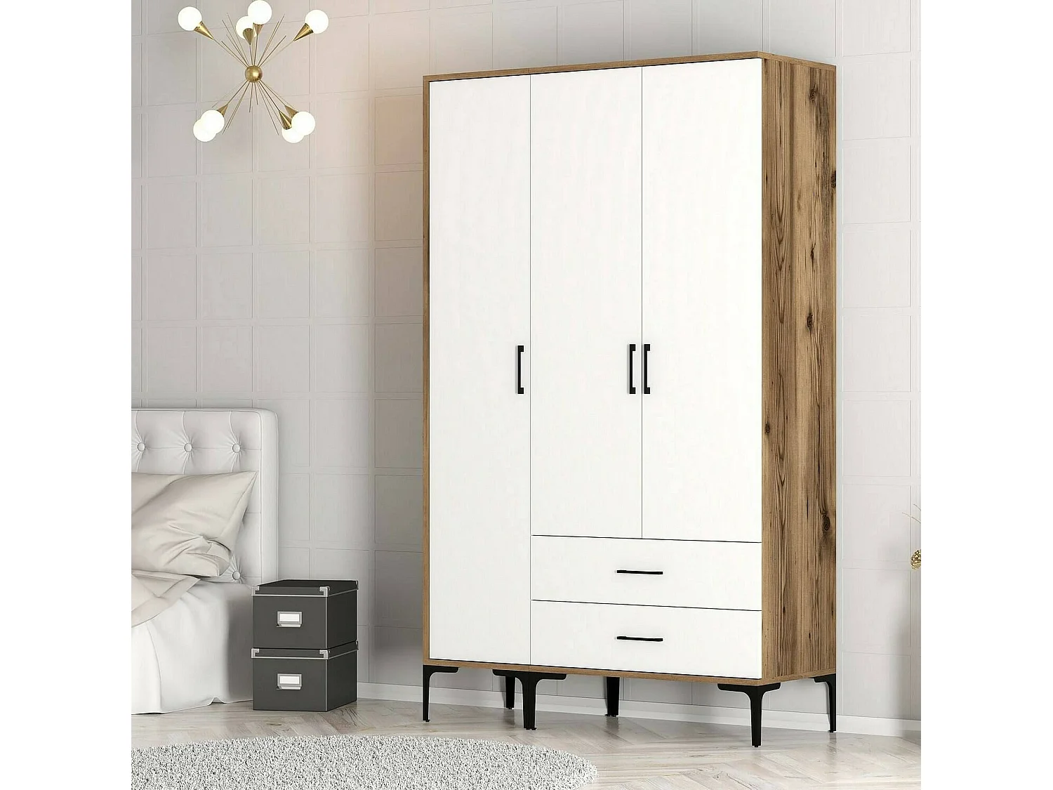 Kleiderschrank 3 Türen Dangiull, Schlafzimmermöbel, Schrank, Garderobe, 120x201h48 cm, Walnuss und WeiÃŸ