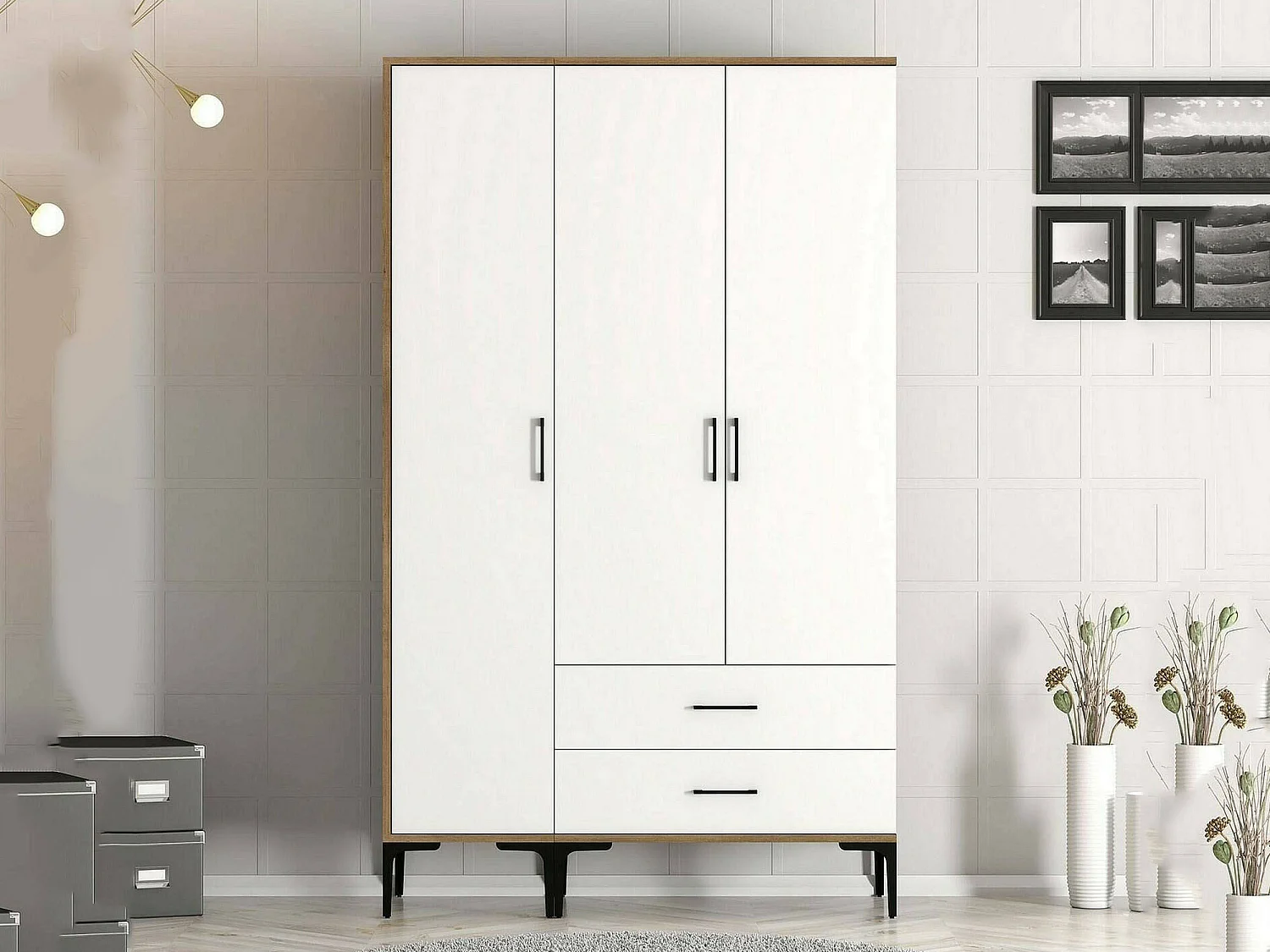 Garde-robe 3 portes Dangiull, Meubles de chambre, Penderie de plain-pied, Placard à vêtements, 120x201h48 cm, Noyer et Blanc