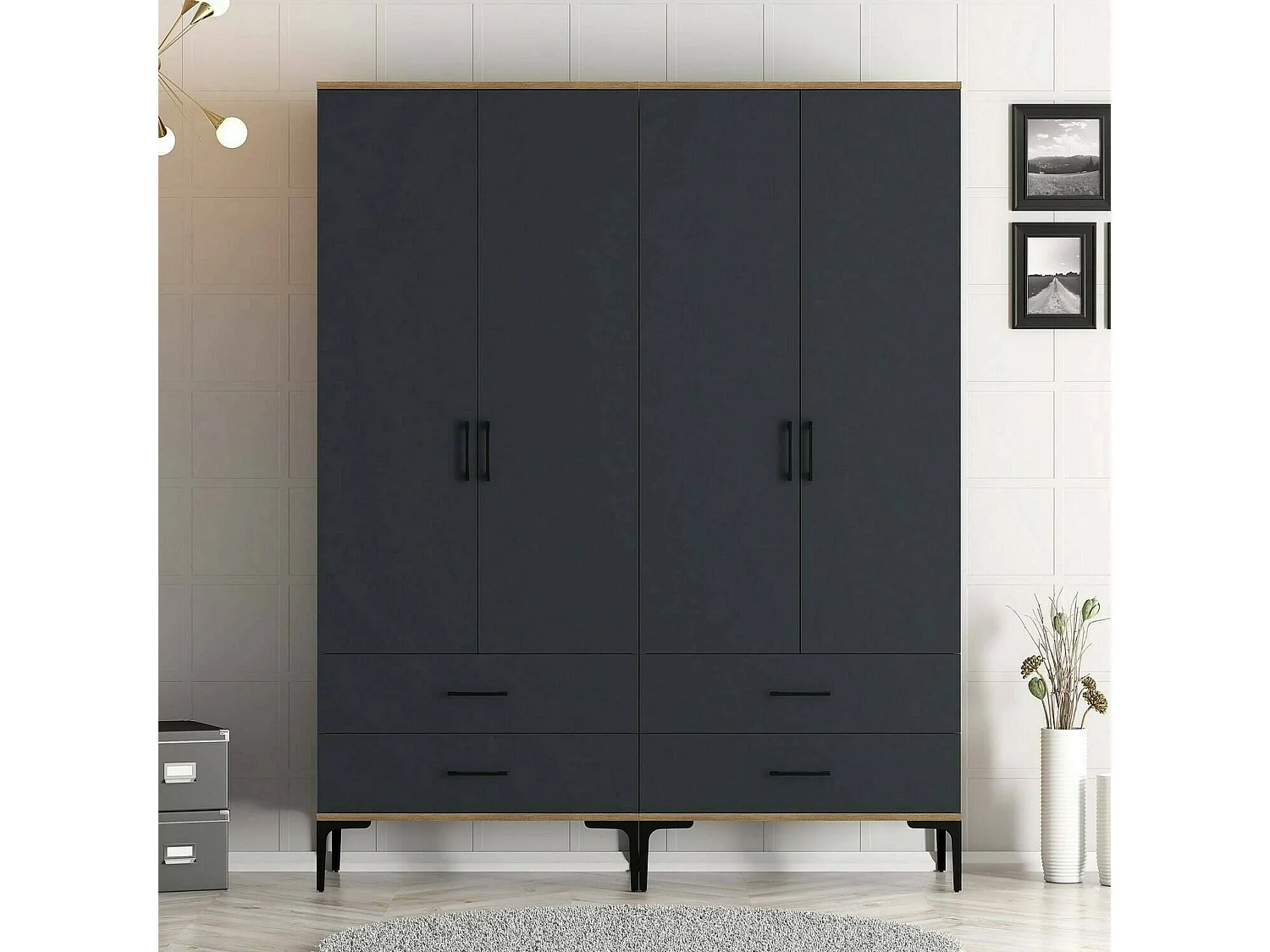 Grande Garde-robe Dfurlott, Meubles de chambre, Penderie de plain-pied, Placard à vêtements, 160x201h48 cm, Noyer et Anthracite