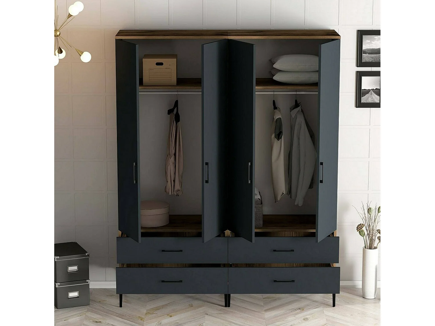 Grande Garde-robe Dfurlott, Meubles de chambre, Penderie de plain-pied, Placard à vêtements, 160x201h48 cm, Noyer et Anthracite