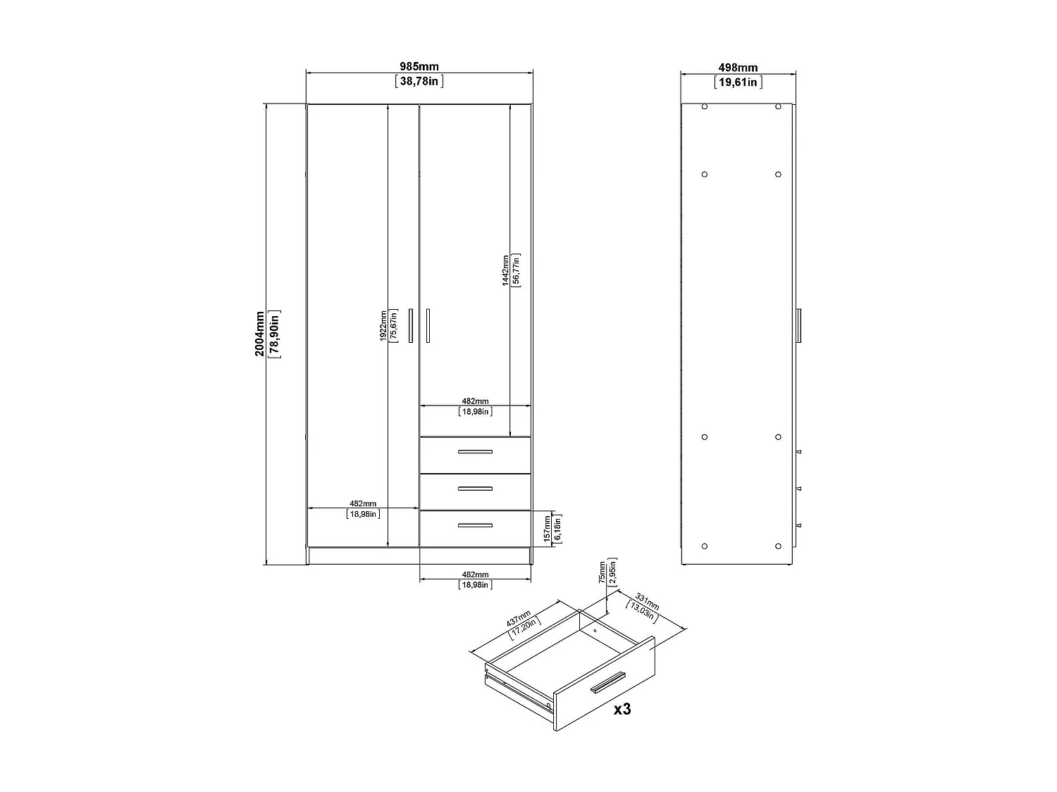 Garde-robe 2 portes Dscopon, Meubles de chambre, Penderie de plain-pied, Placard à vêtements, 99x50 h200 cm, Chêne clair