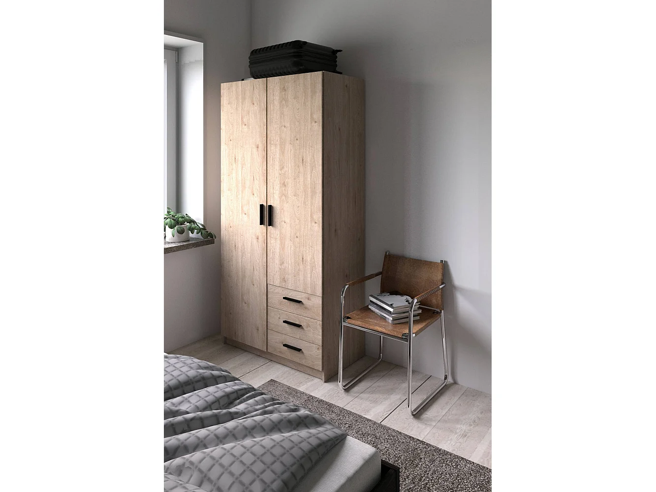 Kleiderschrank 2 Türen Dscopon, Schlafzimmermöbel, Schrank, Garderobe, 99x50 h200 cm, Eiche