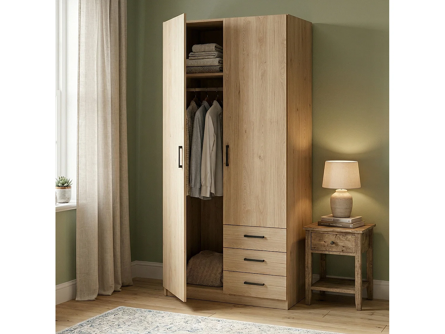 Garde-robe 2 portes Dscopon, Meubles de chambre, Penderie de plain-pied, Placard à vêtements, 99x50 h200 cm, Chêne clair